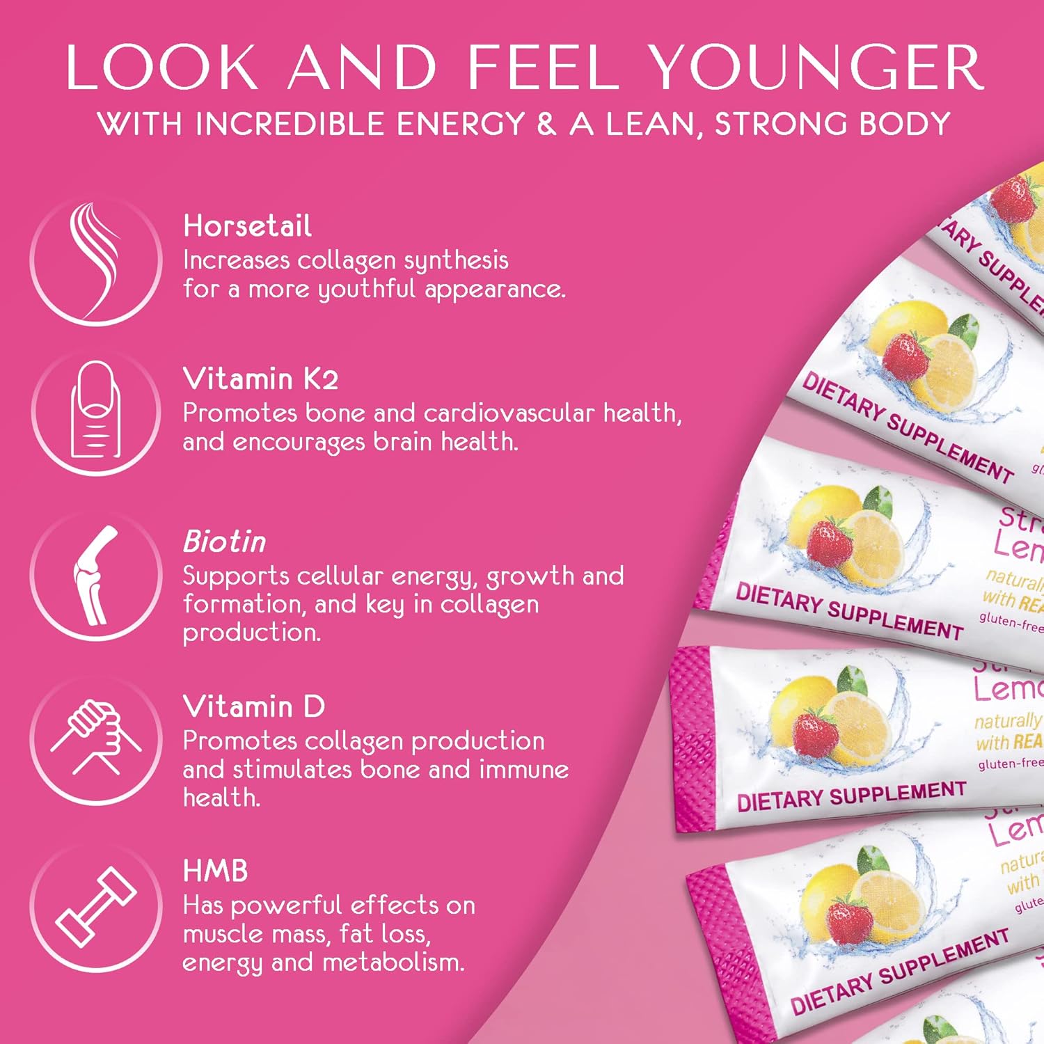 AgelessLX Biotin Supplement Capsules with HMB & Strawberry Lemonade Powder Packet Bundle - Anti Aging Supplement for Women