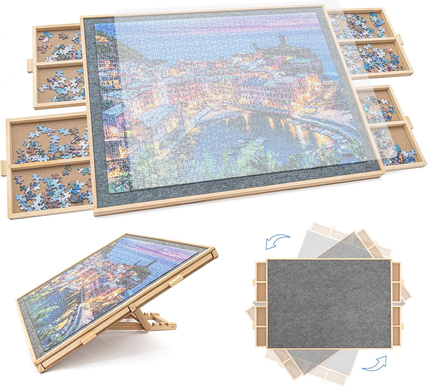 2 in 1 Puzzle Board, WOOD CITY Tilting & Rotating Puzzle Board with Drawers and Cover, Jigsaw Puzzles Table for Adults Gifts, Portable Puzzles Table with Lazy Susan and Mat (1500Pcs)