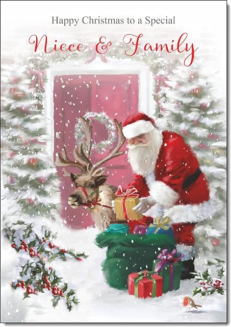 doodlecards Niece & Family Christmas Card Santa with Parcels Medium Size with Plain Red Envelope