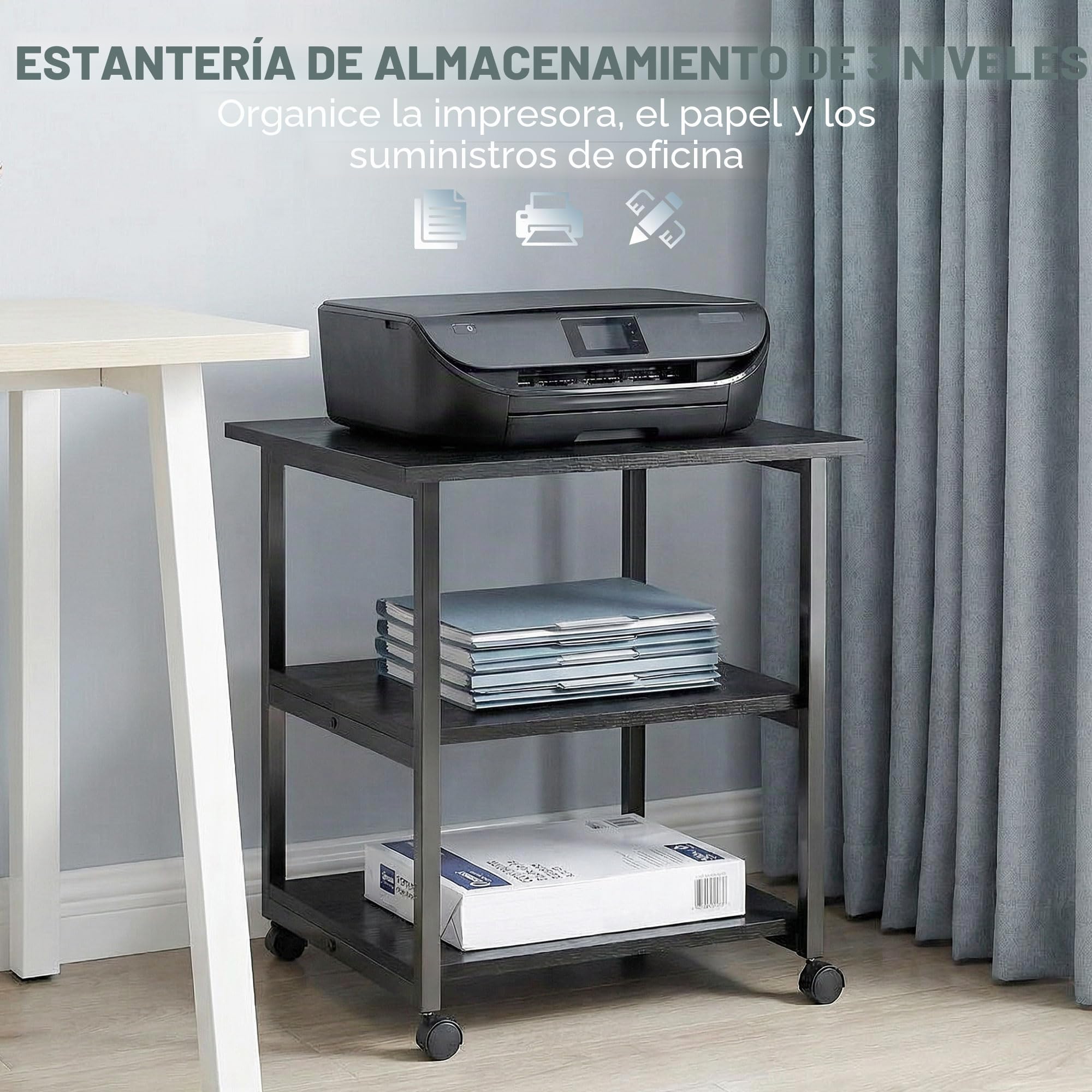 HOMCOM Soporte Impresora 3 Niveles, móvil, 50x50x52,5 cm, Negro | Mesa para impresora con ruedas, Carrito rodante, para Home Office