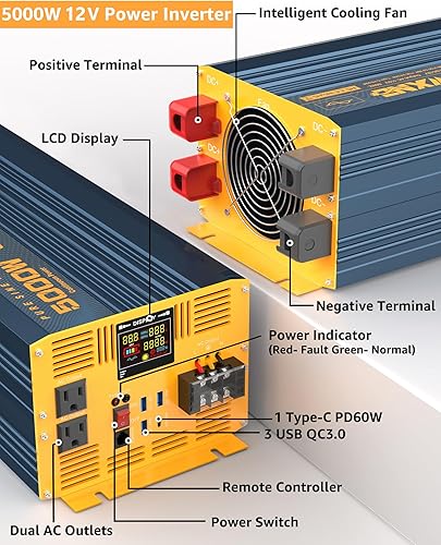 Miniatura 72 de Inversor de corriente de 1500 W/3000 W (pico), onda sinusoidal pura CC de 12 V a 110 V 120 V, convertidor de CA, 3 salidas de CA, inversores