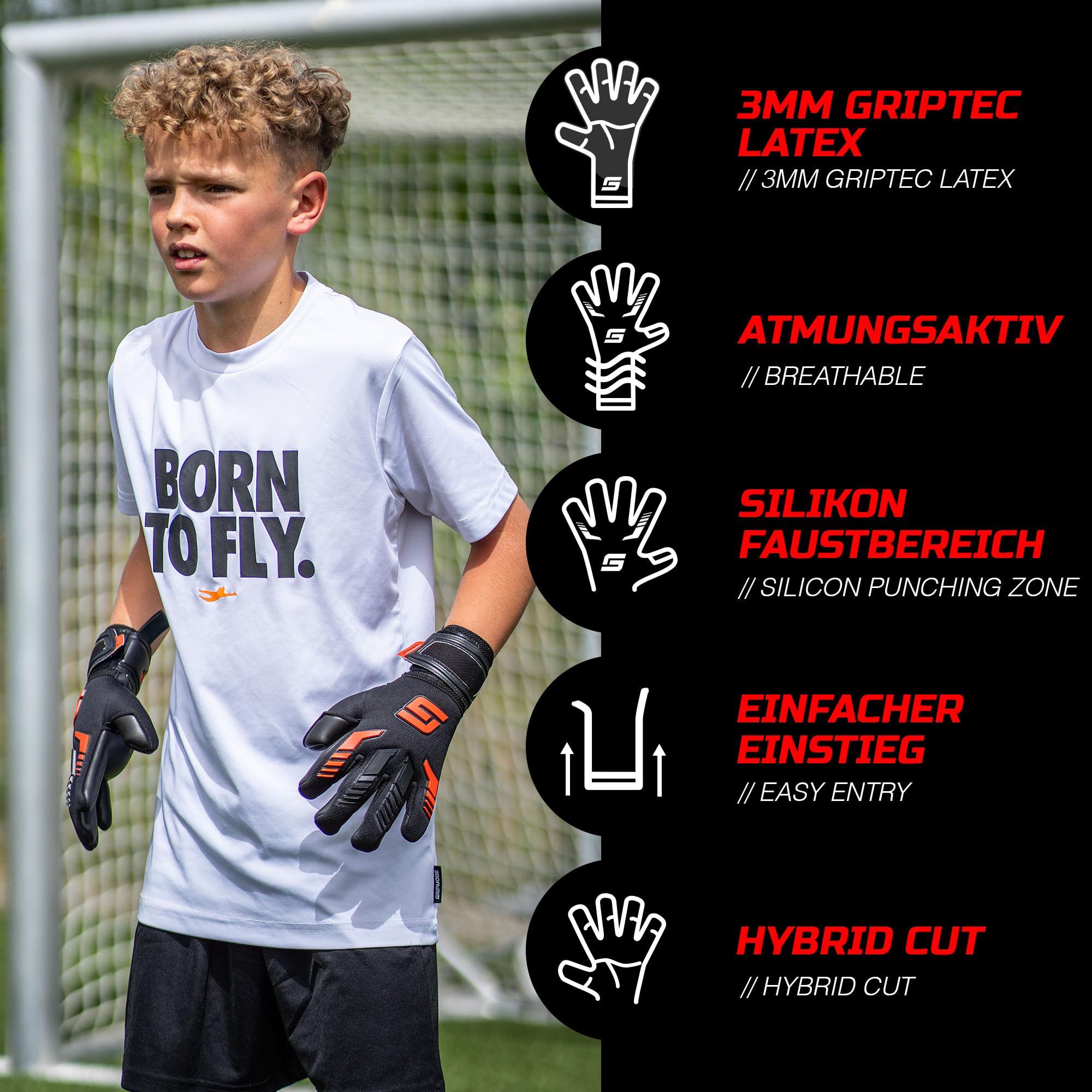 Gripmode Junior Red rękawice bramkarskie dla dzieci z Fingersave I Indywidualnie zdejmowanie, ochrona palców podczas piłki nożnej i powłoka lateksowa zapewniająca dobrą przyczepność I Rozmiar 4-6