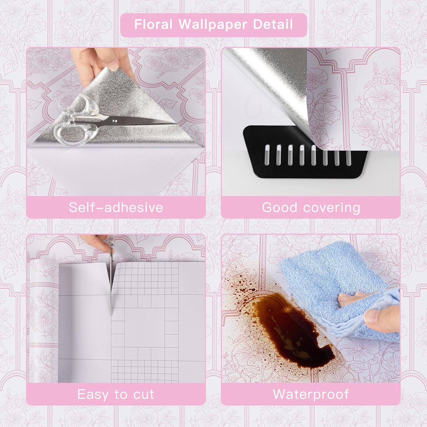 Abyssaly Pink Floral Peel and Stick Wallpaper Boho Modern Contact Paper Stick on Wallpapers Removable Self-Adhesive Waterproof Wall Paper Vinyl Rolls for Bedroom Bathroom Cabinets Decor 17.5" x 393.7"