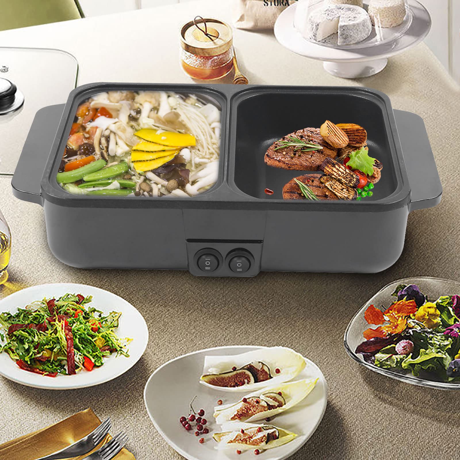 SNKOURIN Hot Pot with Grill,2 in 1 Indoor Non-Stick Electric Hot Pot and Frying Pan,Independent Temperature Control,Portable Multifunctional Smokeless Korean BBQ Grill for 1-2 People (Black)