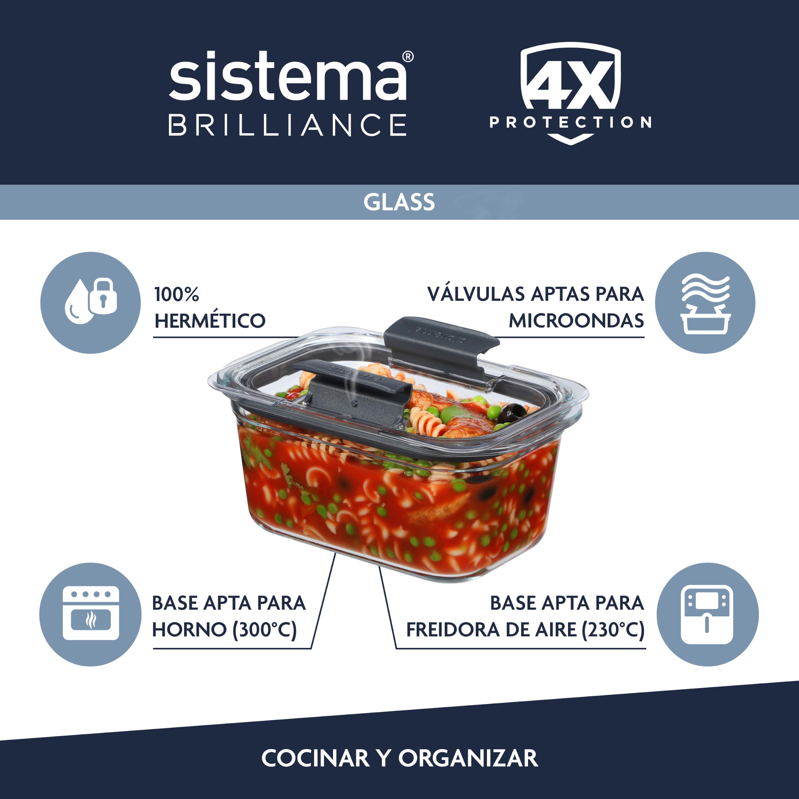 Juego de 8 herméticos de vidrio Sistema Brilliance, 100% herméticos y a prueba de fugas, con válvulas para microondas que evitan salpicaduras, base apta para horno y freidora aire