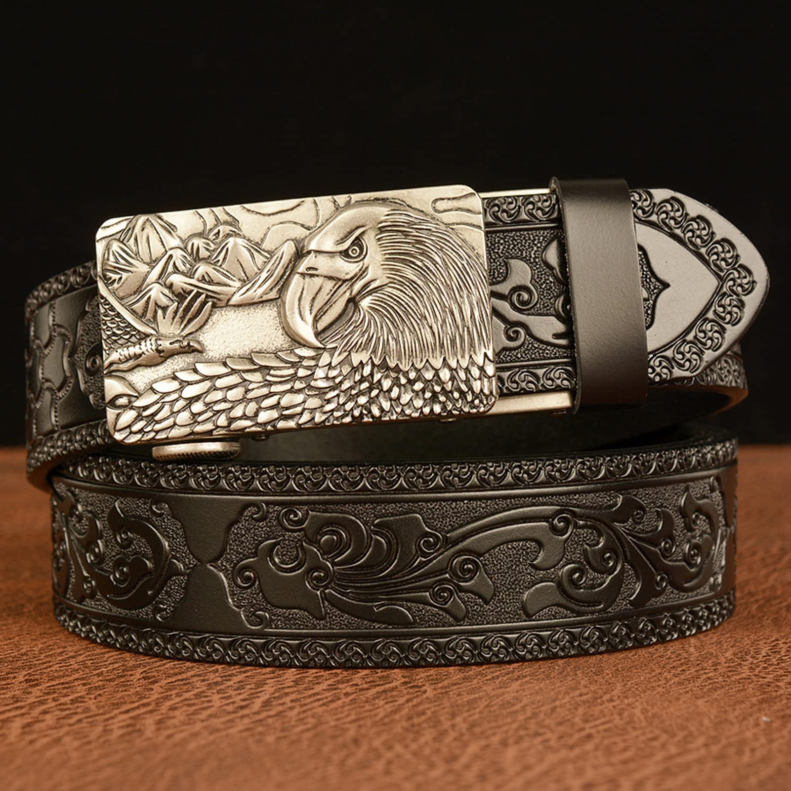 Cinturón con relieve de trinquete y hebilla automática deslizante del rey de los animales, correa de cintura occidental con grabado Floral para pantalones vaqueros
