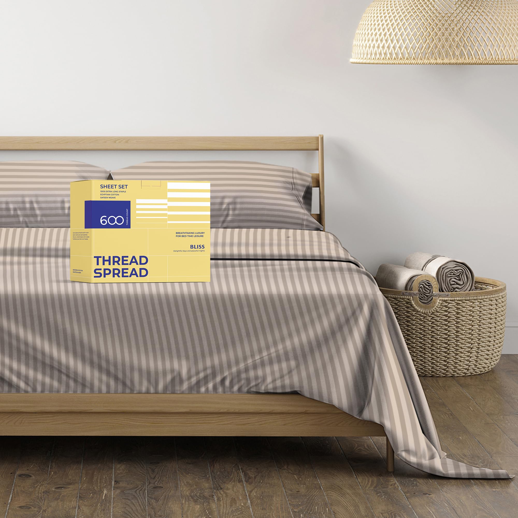 THREAD SPREAD Luxury Egyptian Cotton Queen Stripe Sheet Set, 600 Thread Count Extra Long Staple 4 PC Set, Queen Damask Sheets, Soft, Cooling Sateen