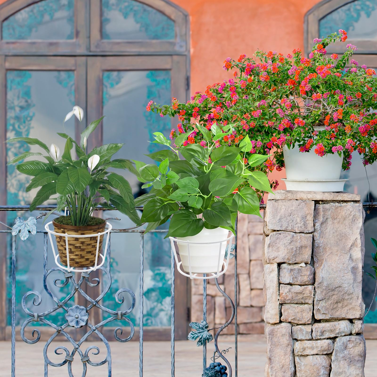 Lot de 3 supports de pot de fleurs ronds à suspendre - En métal - Pour balcon, balcon, jardin, balustrade, clôture - Blanc