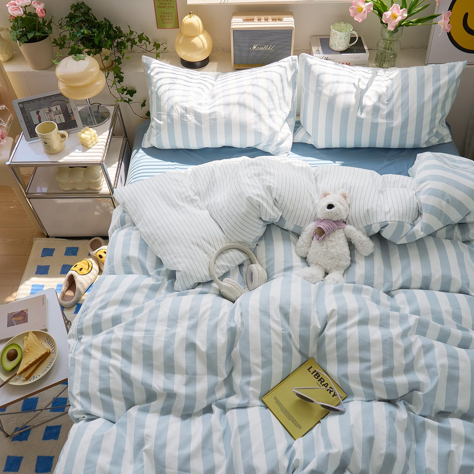 EAVD Retro Blue and White Striped Duvet Cover Set Queen 3-Piece Reversible