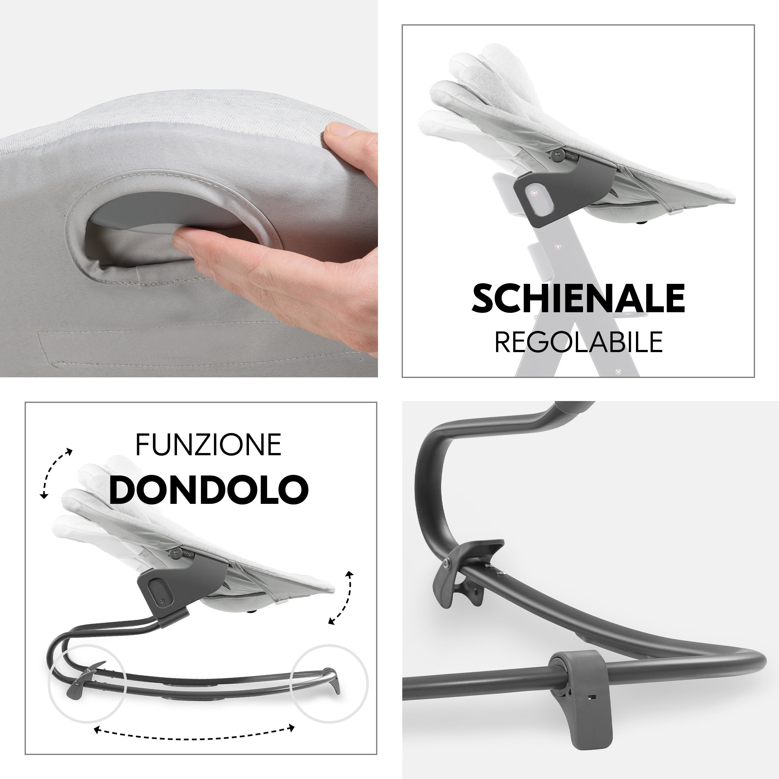 hauck Seggiolone Pappa Evolutivo Alpha Plus Newborn Set Premium, dalla Nascita, con Sdraietta Neonati 2in1 Regolabile e Dondolo, Cintura a 5 Punti e Cuscino in Cotone (Bouncer Light Grey, Naturale)