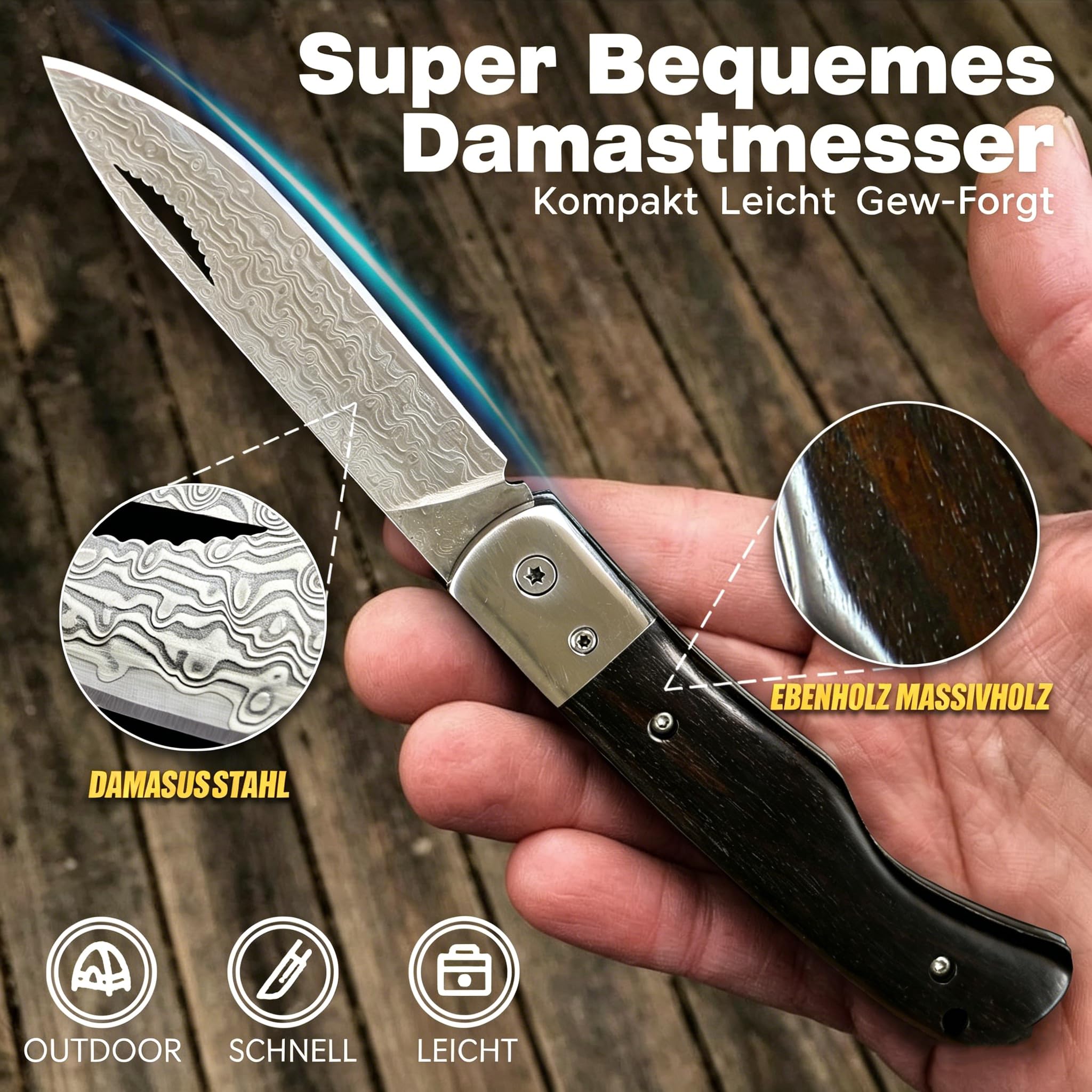 Damast Taschenmesser Zweihandklappmesser OutdoorJagdmesser/Bushcraft EDC Messer Mit Ebenholz Griff Gürtelholster Für Camping Wandern Angeln