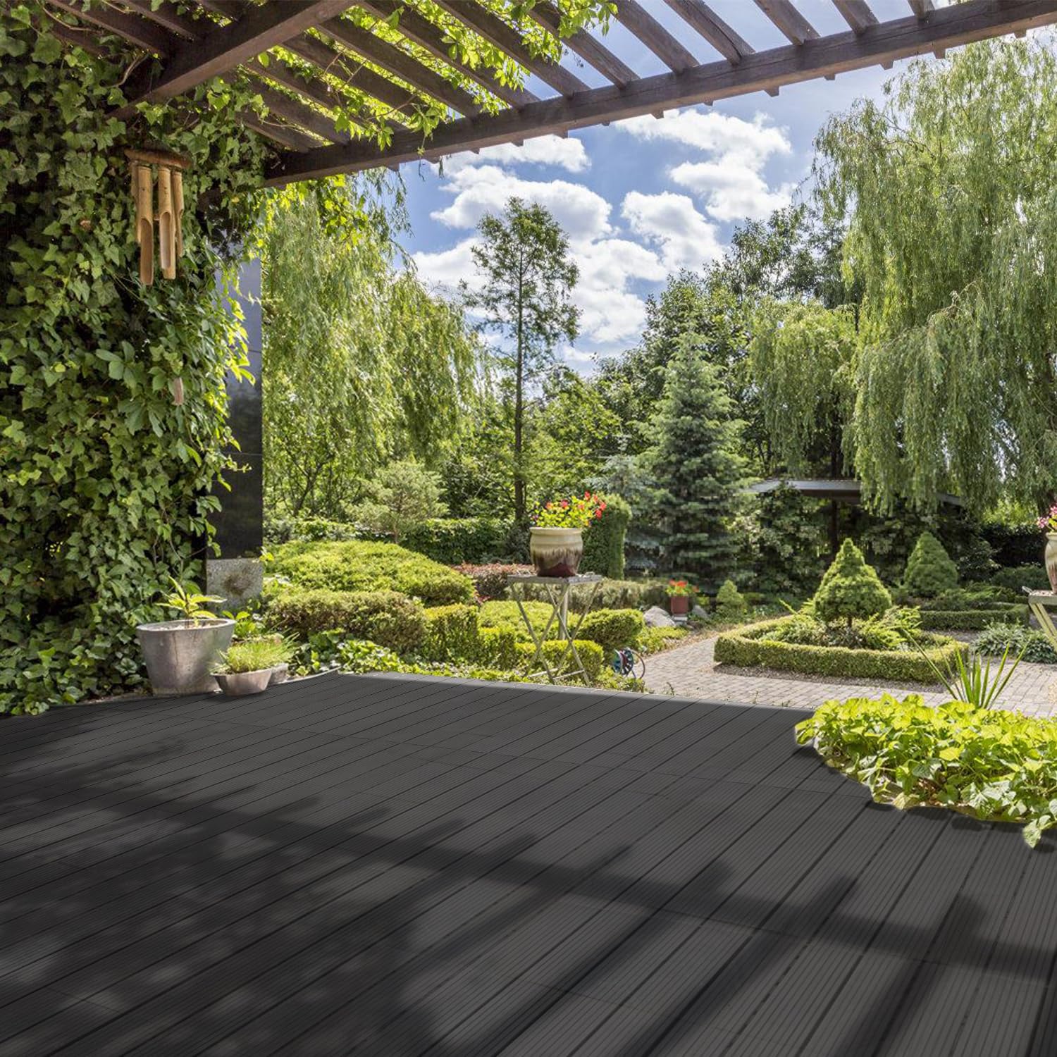 Ikodm WPC - Piastrelle per terrazze, 6 pezzi, 30 x 60 cm, piastrelle da giardino con sistema a clic, rivestimento per pavimenti con drenaggio, balcone, pavimento antracite effetto legno, 1 m²