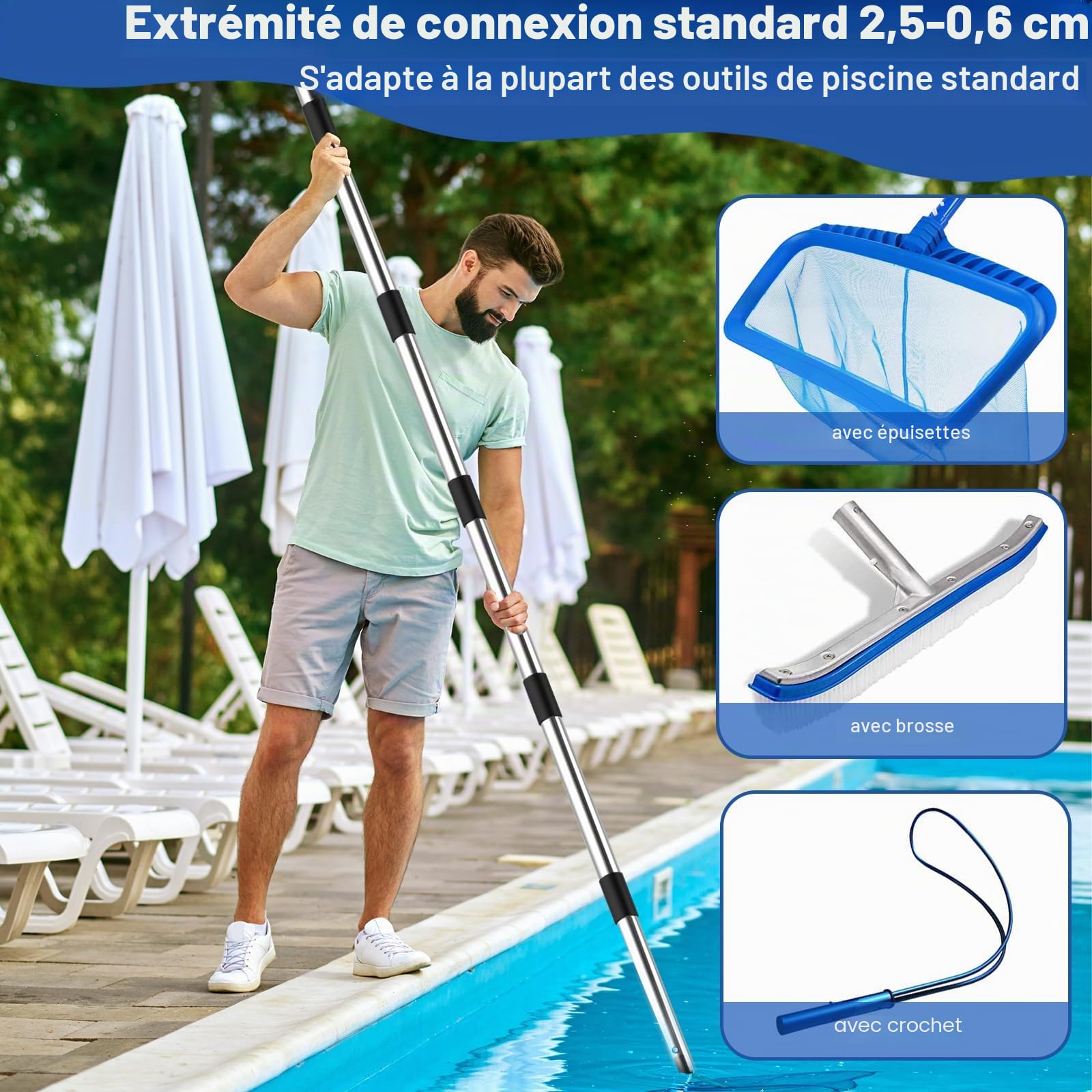 4BAOHUI Barre télescopique pour piscine réglable de 75 cm à 365 cm, accessoires de piscine, en acier inoxydable et stable, barre extensible pour épuisettes courantes, filet de skimmer, brosses de sol
