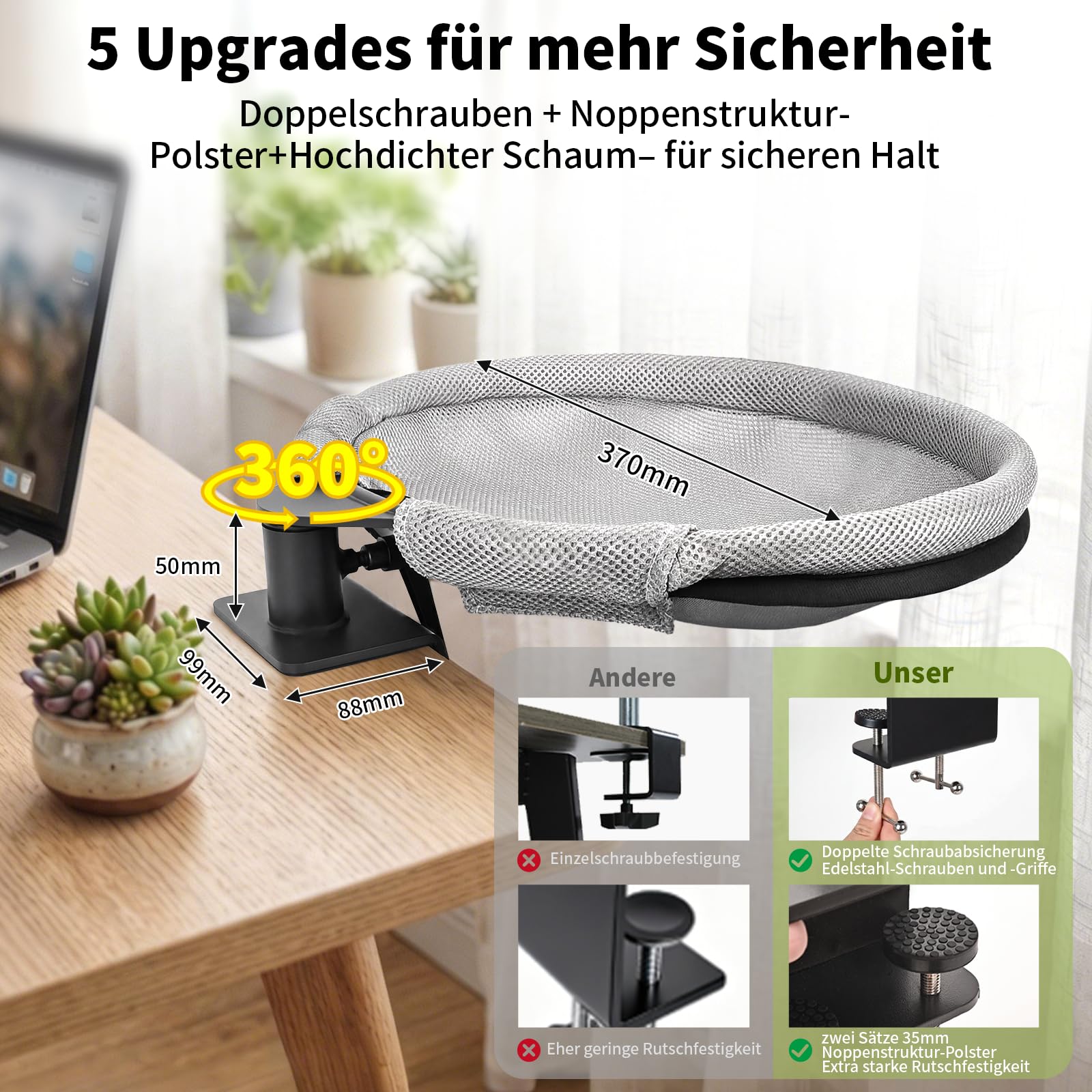 Katzenbett für Schreibtisch Katzenkorb 360° Drehbar, Katzen Schreibtisch Bett bis zu 20KG, Doppelte Befestigung Katzenhängematte, Katzen Liegeplatz mit 2 Abnehmbar Bezügen für Home, Office