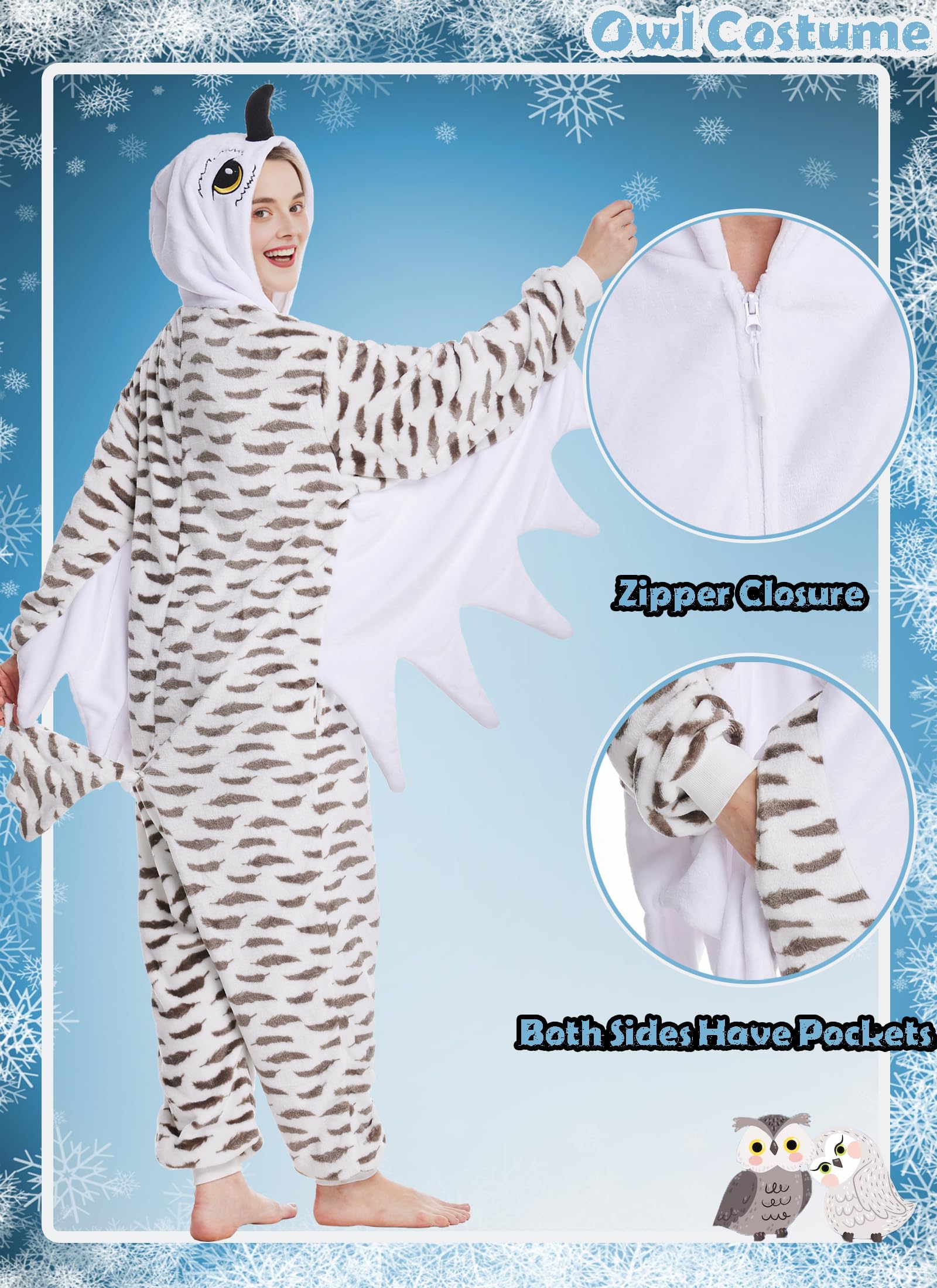 Kidukso Pijama de búho para adultos, diseño de búho, pijamas, Navidad, carnaval, color blanco