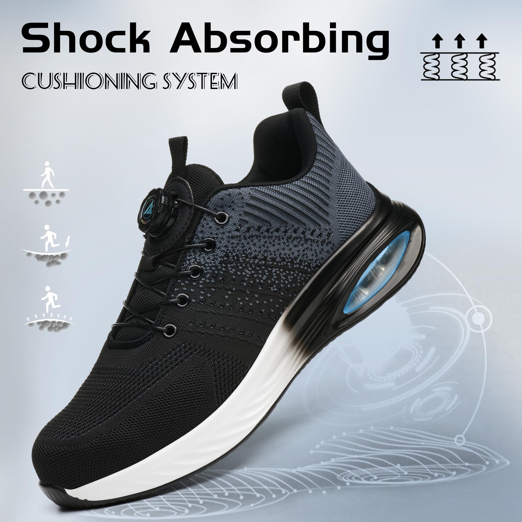 Buty ochronne dla mężczyzn i kobiet, lekkie, sportowe buty robocze, oddychające, stalowe noski, antypoślizgowe, z pokrętłem, szary, 38 EU