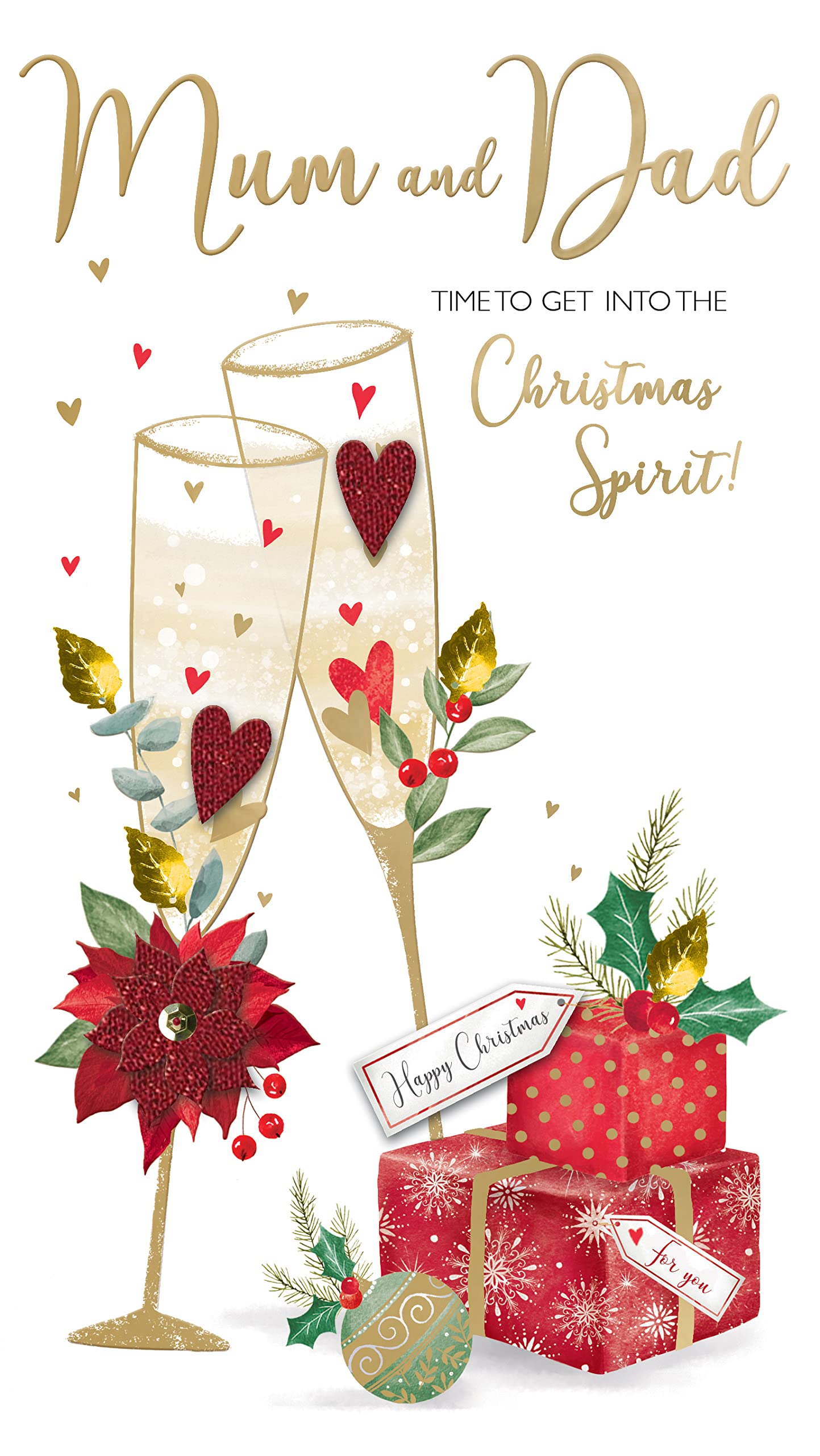 Mum & Dad Xmas Spirit Embellished Christmas Card Hand-Finished Champagne Cards XCDC392, Gold, 14cm x 23cm
