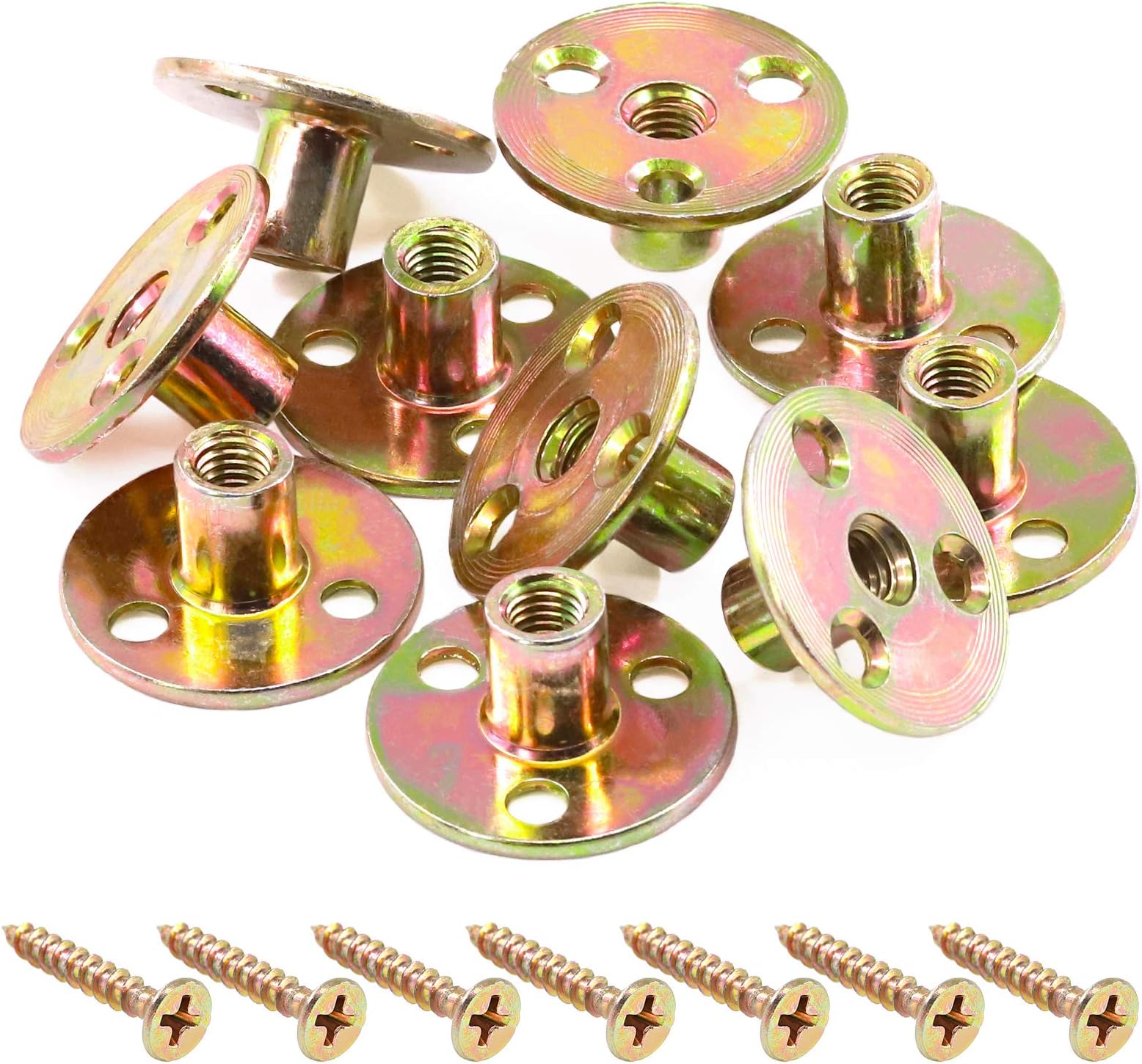 64Pcs M8 Brad Hole Tee Nut with Screws Set Carbon Steel T-Nuts Zinc Plated Round Base Female Thread Screw-in Furniture Hardware