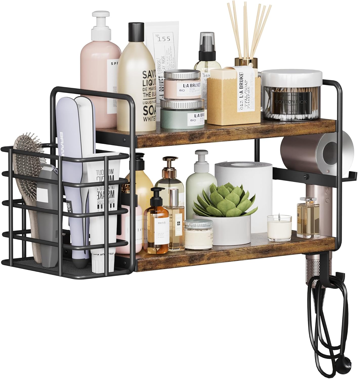 3-in-1 wall mounted hair dryer holder with 2 tier shelves & detachable basket, space saving organizer for bathroom, kitchen, bedroom, rust-resistant, easy install (rustic brown)