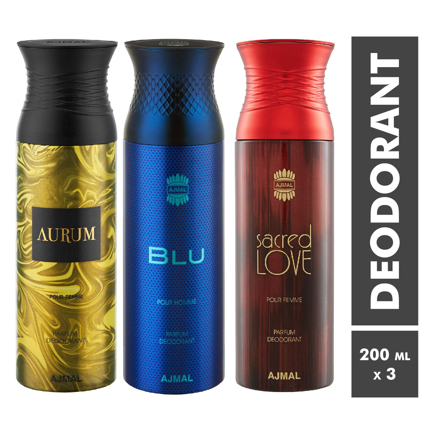 Ajmal Aurum & Blu & Sacred Love Deodorant Spray - For Men & Women (200 ml, Pack of 3)