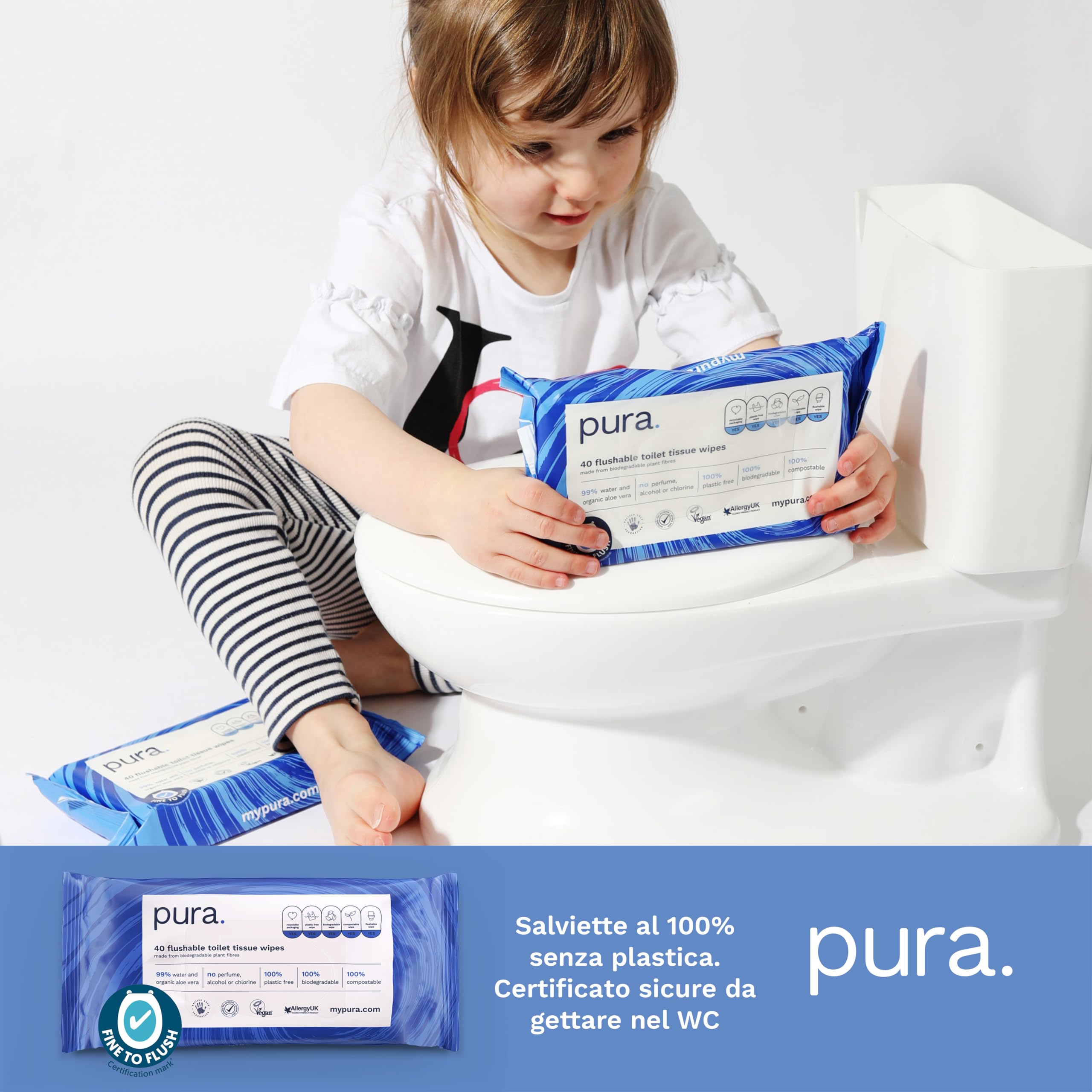 Pura Carta Igienica Umidificata, 40 Salviette (Confezione da 1), Salviette per la Pulizia Della Pelle Sensibile, Certificate 'Fine to Flush', Completamente Prive di Plastica, Biodegradabili