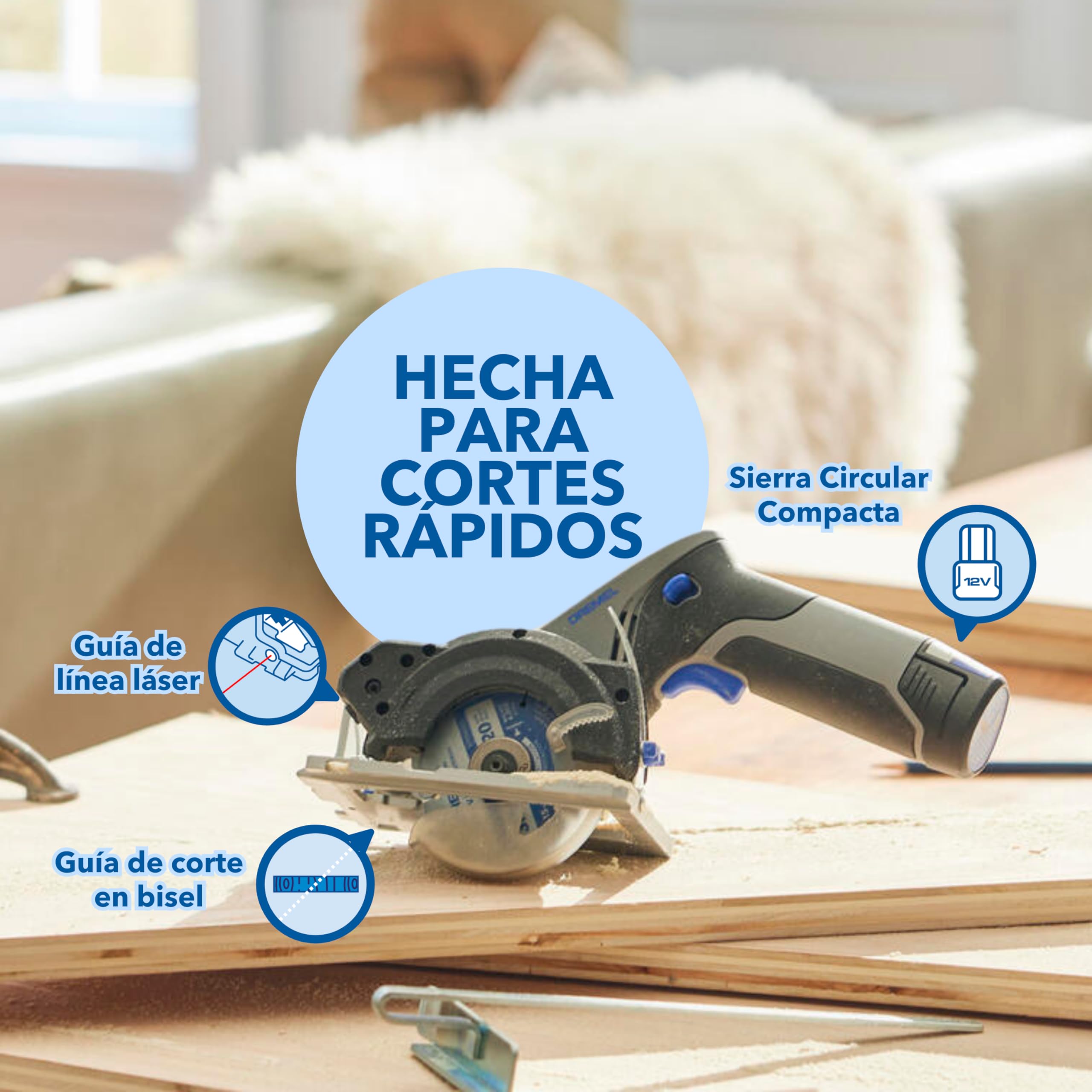 Dremel Blueprint 12V sierra circular compacta sin cable con motor sin escobillas, con guía de línea láser, guía para cortes en bisel, 1x hoja de sierra circular multi-material, guía de corte al hilo