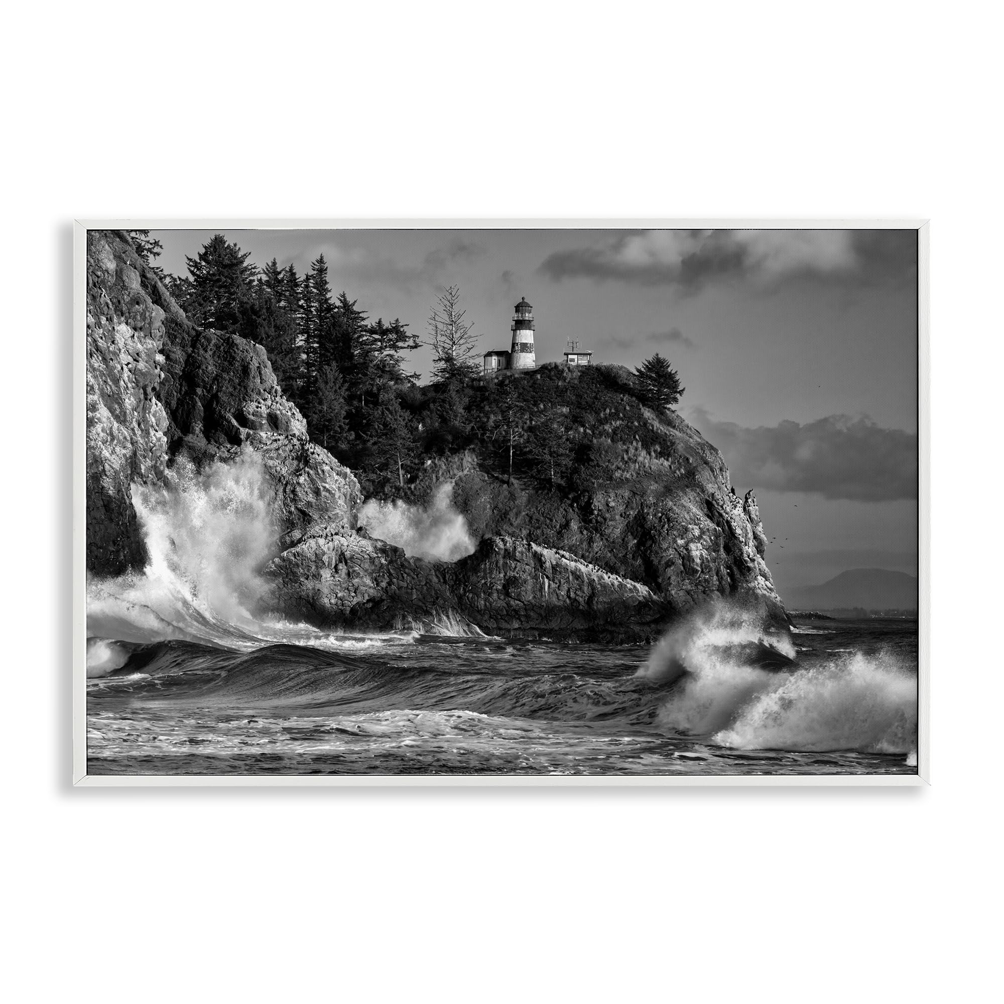Stupell Industries Rising Tide at Cape Nautical Coastline, Lighthouse, Waves, Rocks, Stormy Greyscale Decor for Living Room, 16 x 24 Inch Framed Giclée Print, by Rick Berk, Made in USA Gift
