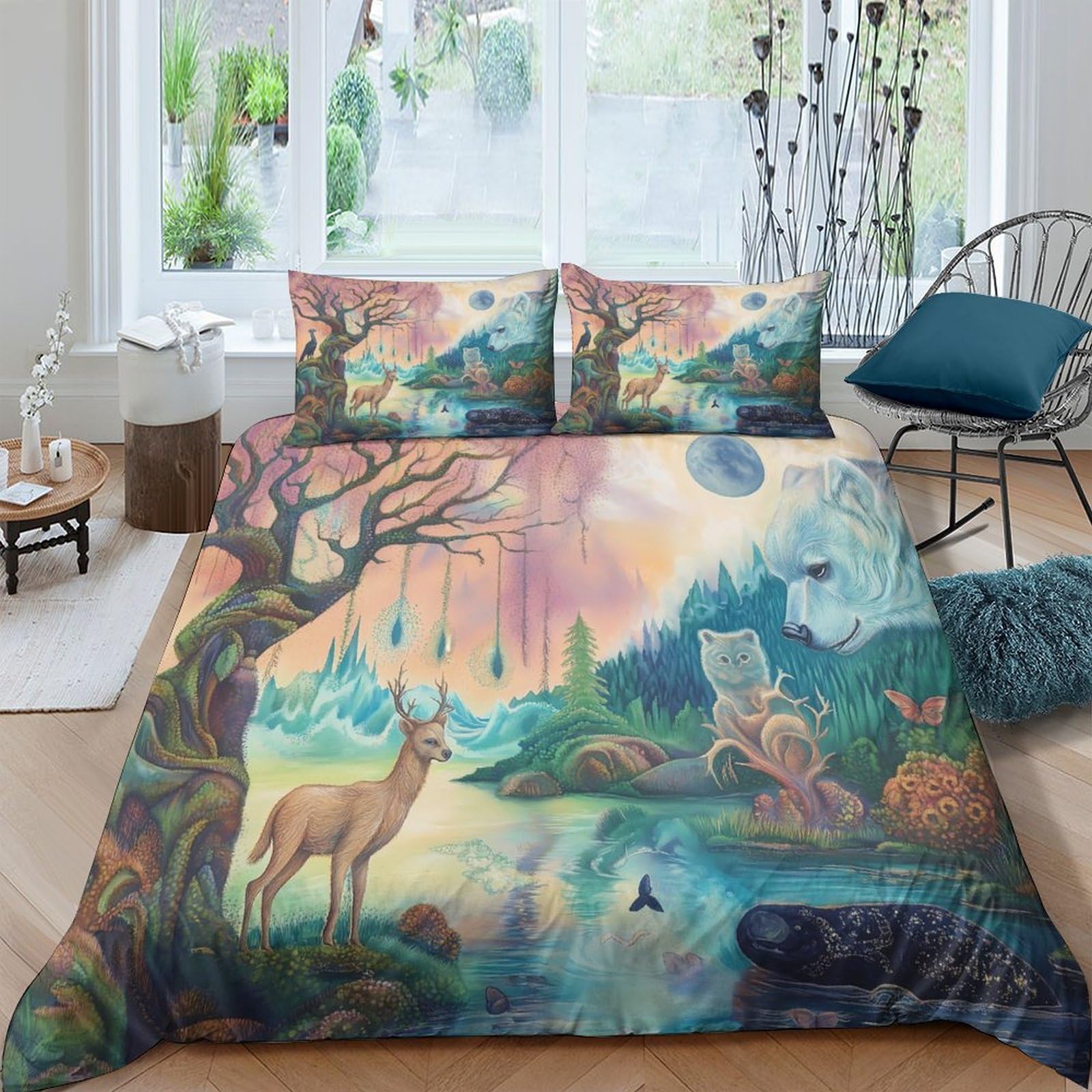Ctjqhvkz Style-7 3D Printed Forest Dream Fitted Sheet Microfiber Soft Deer Lake Bed Cover For Bedroom Dorm Room Decor Single（135X200cm）