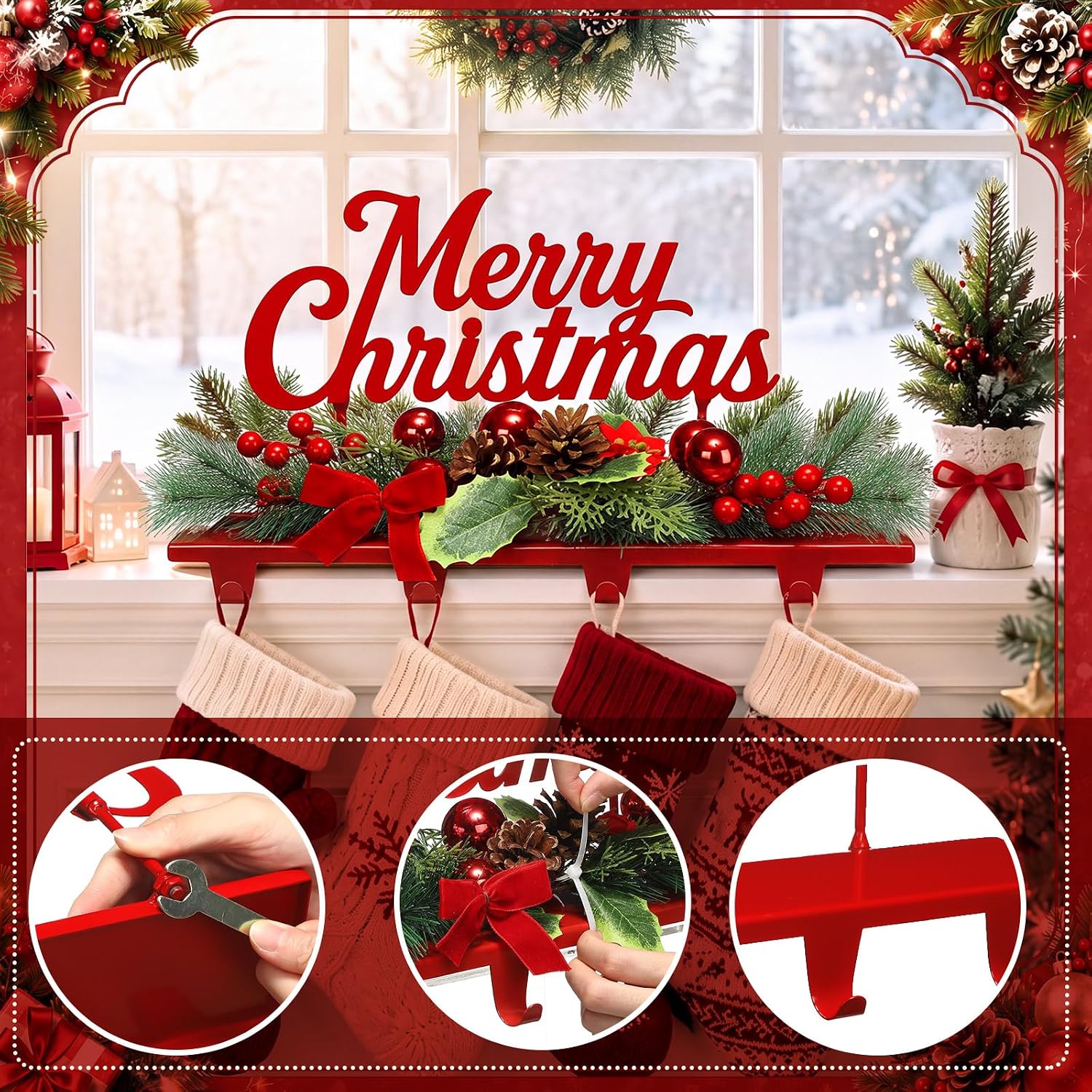 Novabright 14" Merry Christmas Stocking Holder for Mantle, 4 Iron Hooks