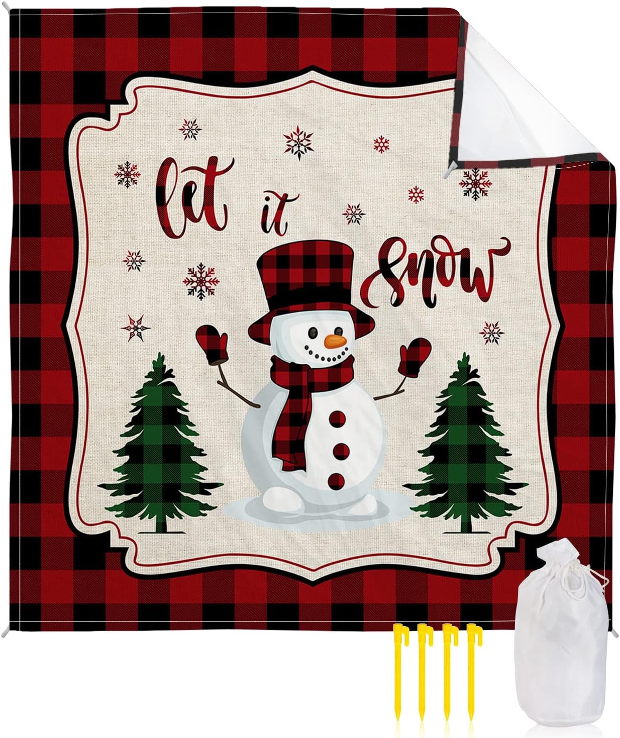 Christmas Topper Snowman Red Black Buffalo Plaid Hat Beach Blanket Waterproof Sandproof Outdoor Picnic Mat 83"x79" Xmas Tree Lightweight Large Beaach Blankets with 4 Stake & 4 Corner Pockets