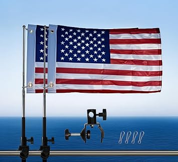 2 PCS 12x18 American Flag Pole Kit for Pontoon Boats - US Flag Holder with Poles and Mount for 0.5"-1.33" Round/Square Rails, Includes Replacement Flag for Kayaks, Swimmers, and Surfers