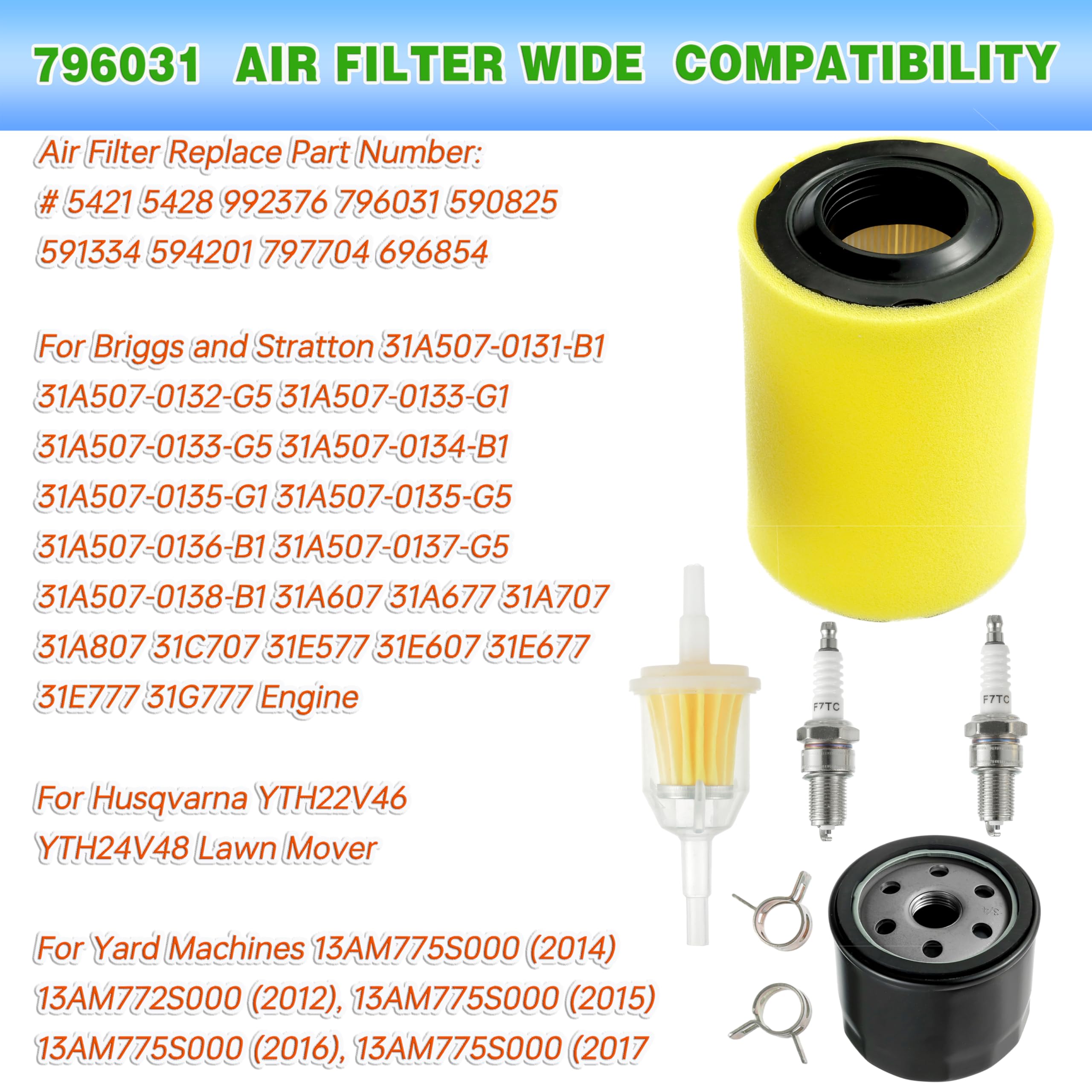 Kit di Messa a Punto del Filtro dell'Aria di Ricambio per Briggs Stratton 591334 594201 797704 696854 Compatibile per Husqvarna YTH22V46 YTH24V48 per John Deere D100 D110 D130