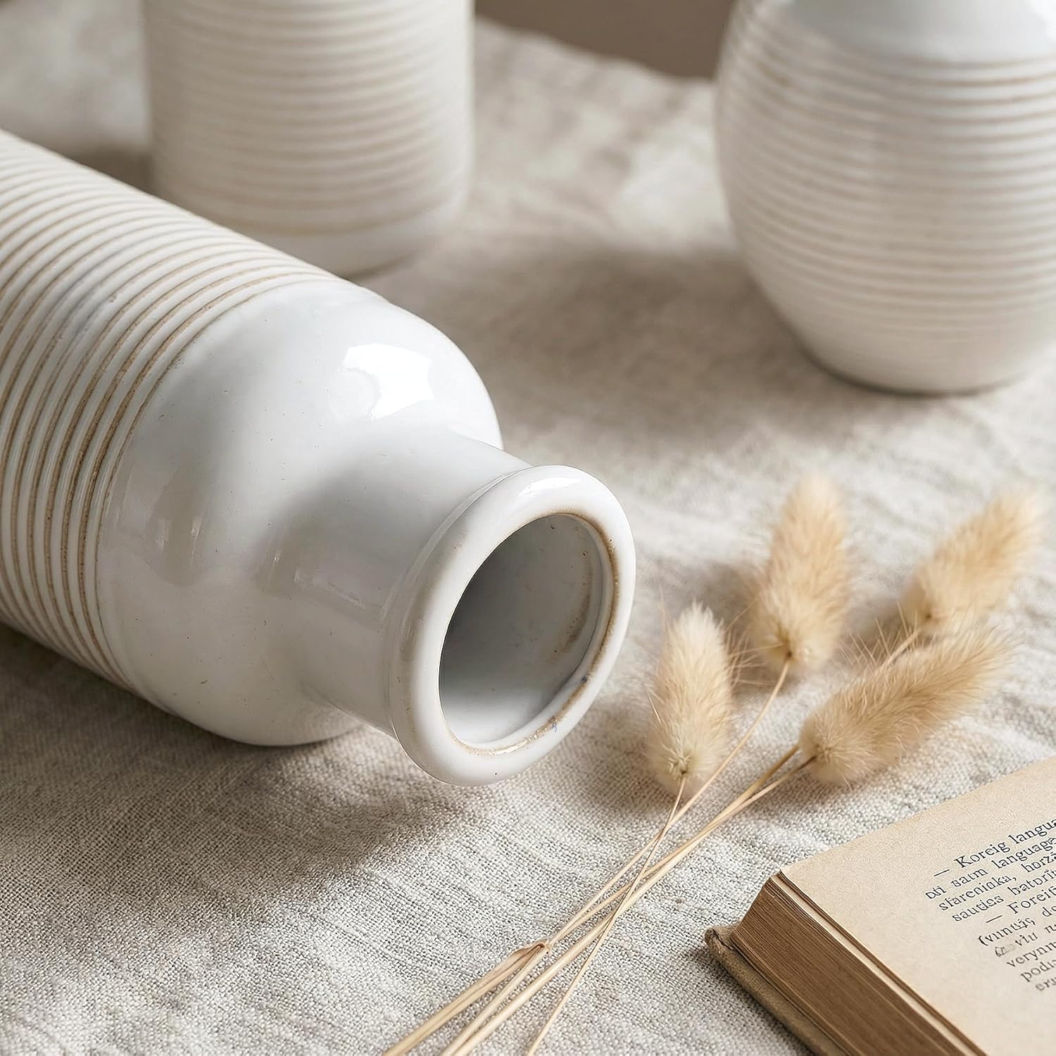 Rustic Farmhouse Vase Set of 3 - Ceramic Decorative Modern Flowers Vases Home Decor - Pampas Grass Dried Fresh Flowers - for Centerpiece, Table, Mantel Entryway, Living Room, Kitchen, Bedroom - Image 7