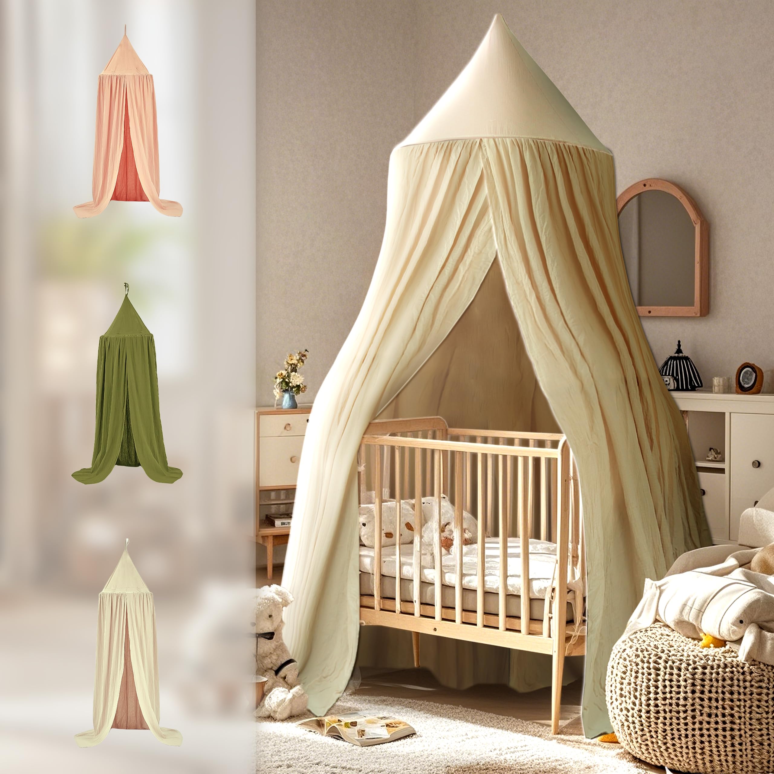 Photo 1 of Vhaso Cotton Kids Bed Canopy, Nursery Room Baby Crib Hanging Curtain Mosquito Net Hideaway Bedding Children Reading Nook Decoration, Pastel Neutral Color for Boys & Girls (Beige)