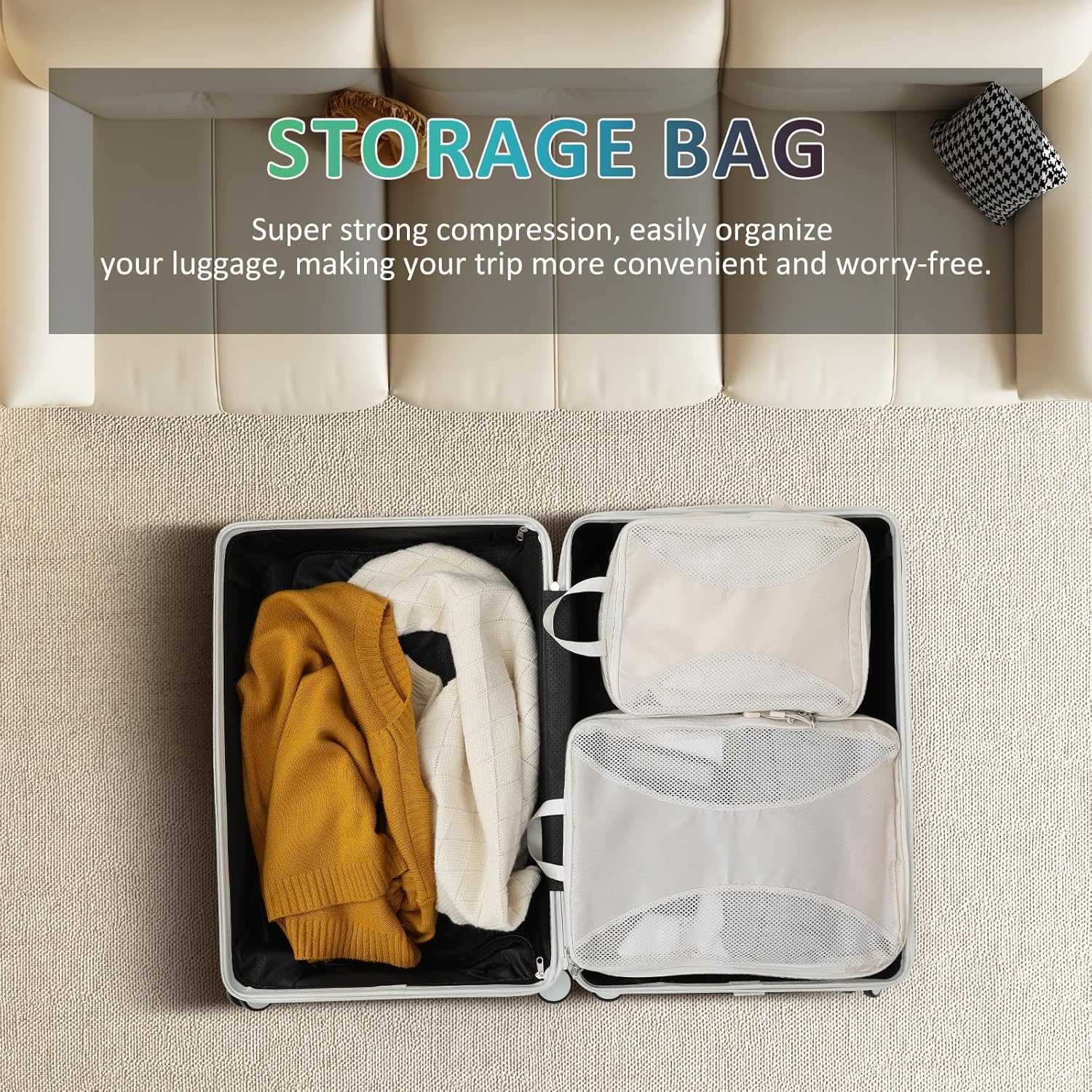 Travel Compression Packing Bags Set 8 Pieces, Polyester Space-saving Luggage Organizer Cubes for Business Trips and Backpacking, Self-compressible Storage Bags for Suitcase