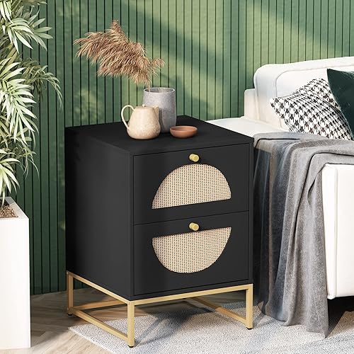 Miniatura 2 de AWQM Mesita de noche de ratán, mesa auxiliar con 2 cajones de ratán, mesita de noche cuadrada de madera con almacenamiento, mesa de sofá decorativa