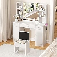 Vista 6 de Vabches Mesa de tocador de maquillaje con espejo iluminado y tira de alimentación, juego de tocador grande con taburete de almacenamiento, 3 modos