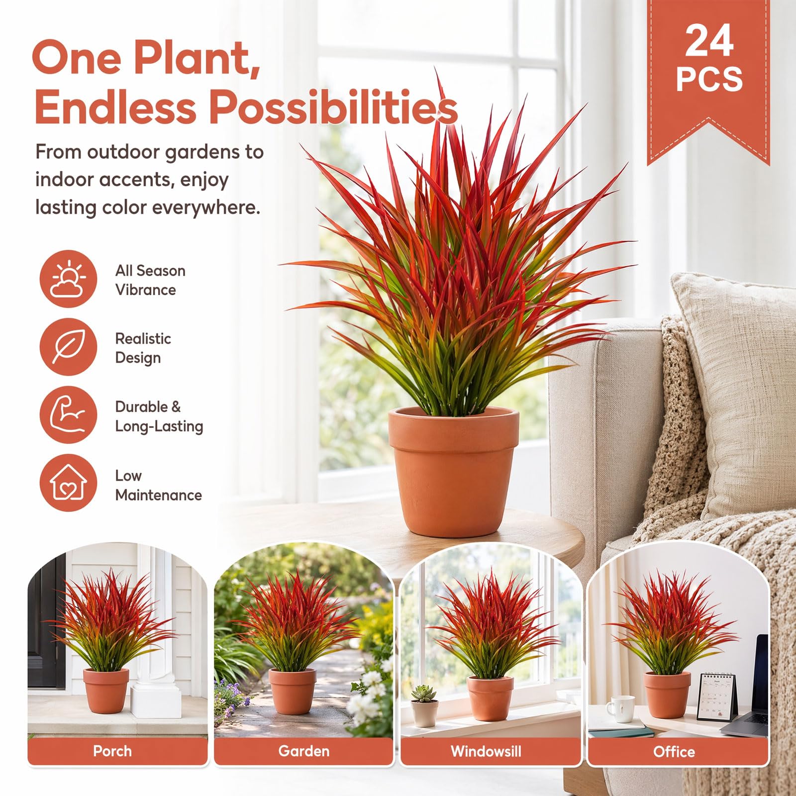 CECOMBINE 24 fasci di piante artificiali per esterni, autunnali con punte rosse realistiche per esterni/interni, portico, decorazione da giardino, resistente ai raggi UV e nessuna manutenzione