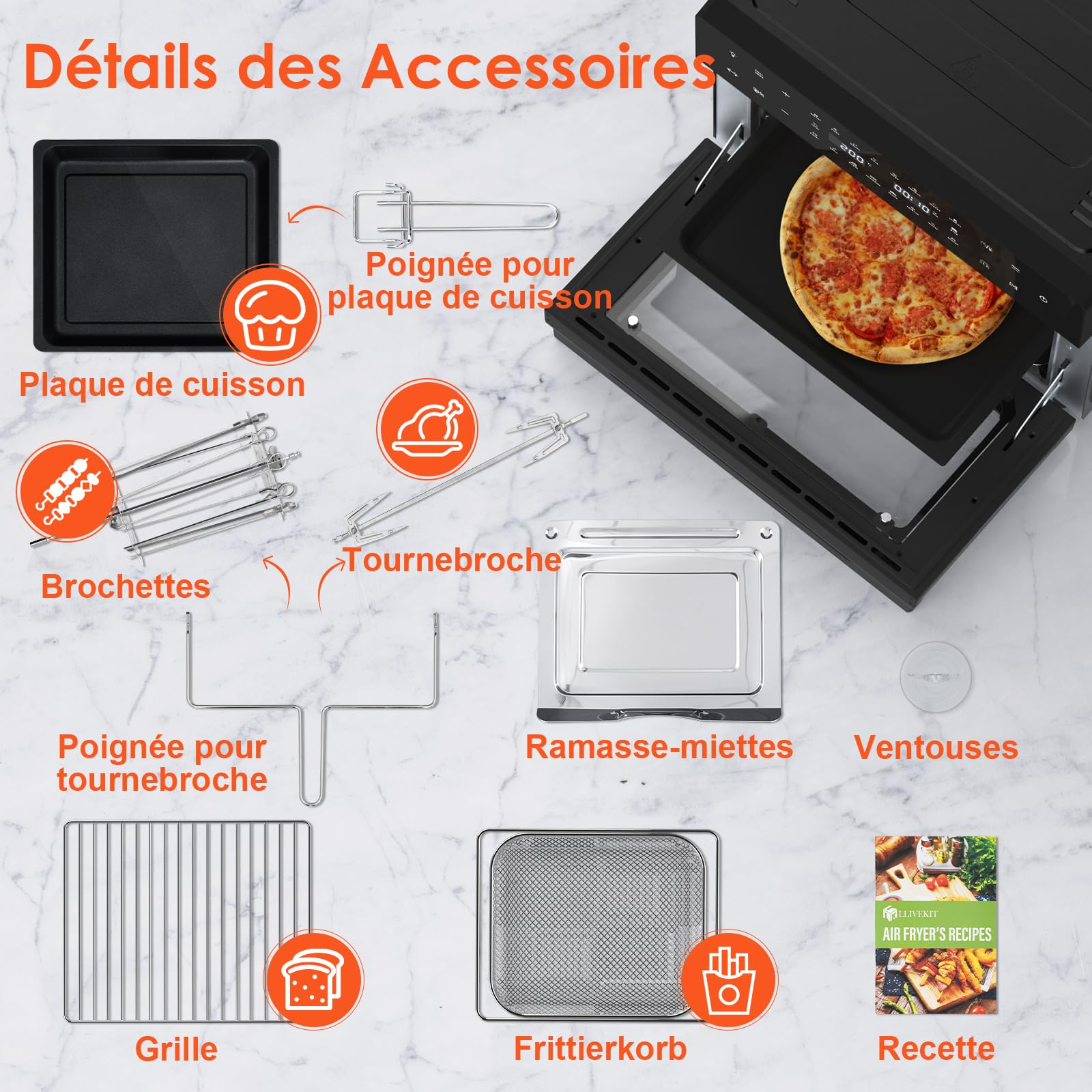 LLIVEKIT 30L Friteuse sans Huile avec Tournante Rôtissoire, 9 Accessoires | Air Fryer XXL 20 Programmes, Friteuse sans Huile avec Écran Tactile LED, Mini Four avce Livre de Recettes, 80°C-230°C