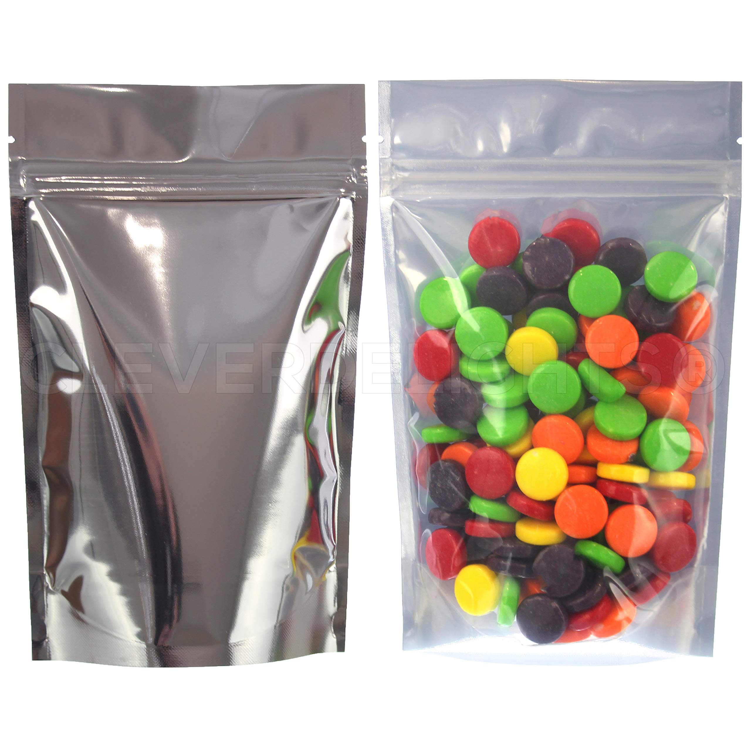 CleverDelights Silver/Clear Stand Up Pouches - 4oz - 100 Pack - 5" x 8" x 2.5" - Resealable Bag