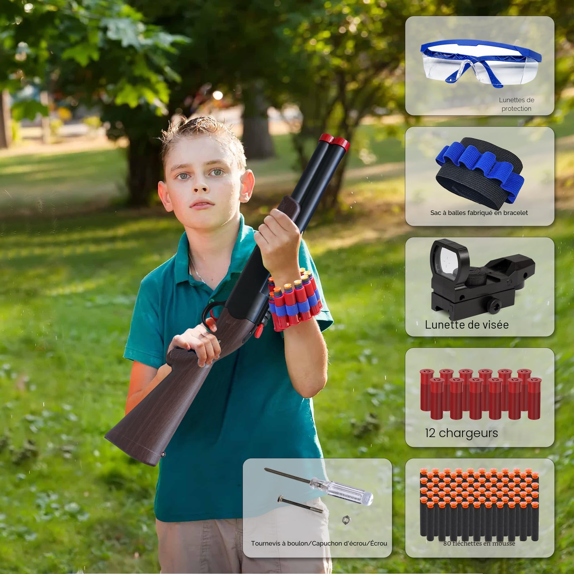 Jouet Fusil de Chasse à Double Canon, Blaster en Mousse EVA et 80 Balles Souples et 12 Cartouches éjectables, Cadeau d'anniversaire de Noël de Jouet de Fléchettes pour Garçon de Plus de 8+ Ans（Brun）