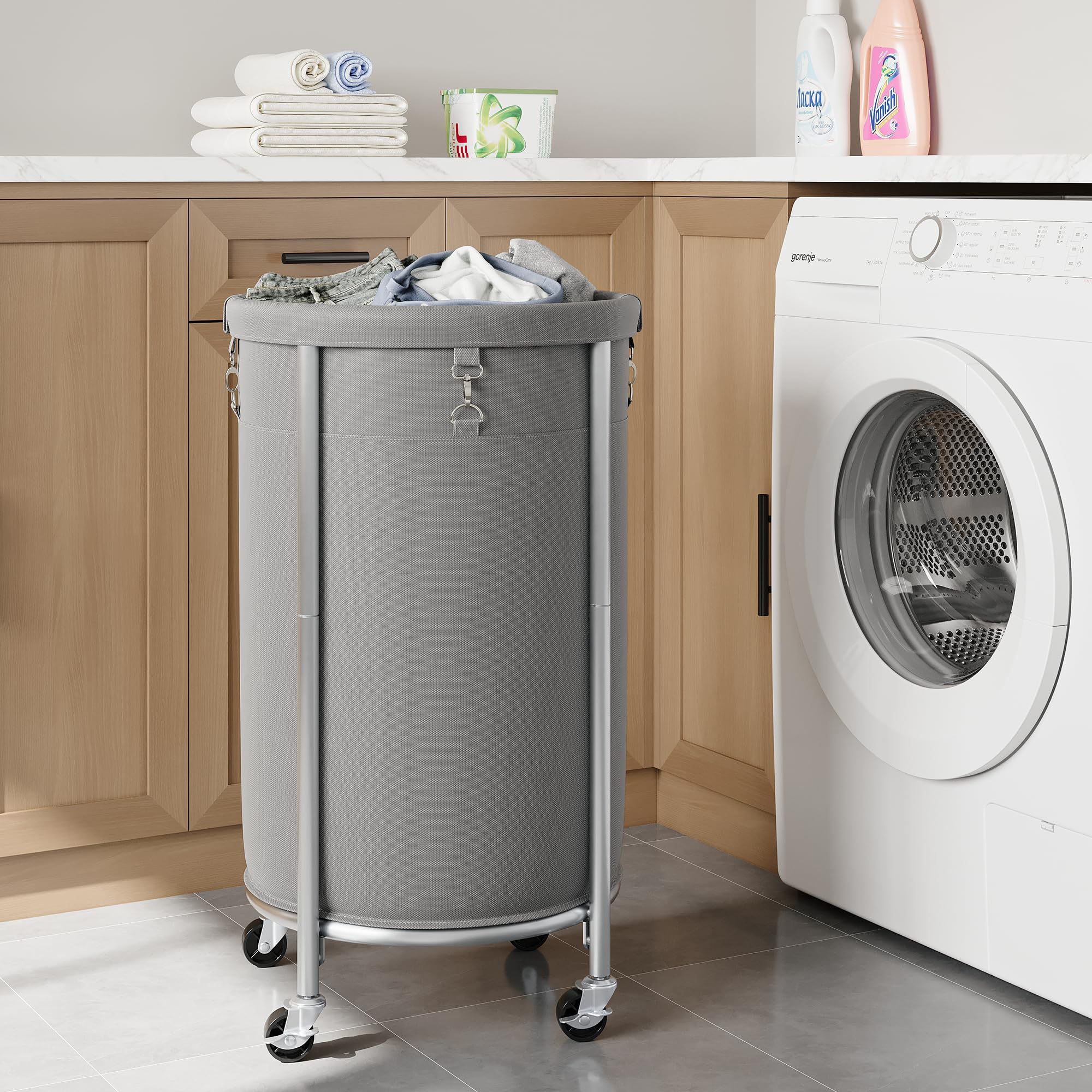 ELYKEN Cesto portabiancheria con ruote, 110 l, cesto portabiancheria rotondo con telaio in acciaio e borsa rimovibile, 4 ruote e 2 freni, cesto per vestiti sporchi per hotel, casa, ETHLC05G1