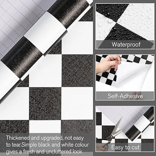 Miniatura 2 de Papel de contacto blanco y negro, mosaico, a cuadros, despegar y pegar, 17.7 x 300 pulgadas, rollo de vinilo autoadhesivo impermeable para baño,