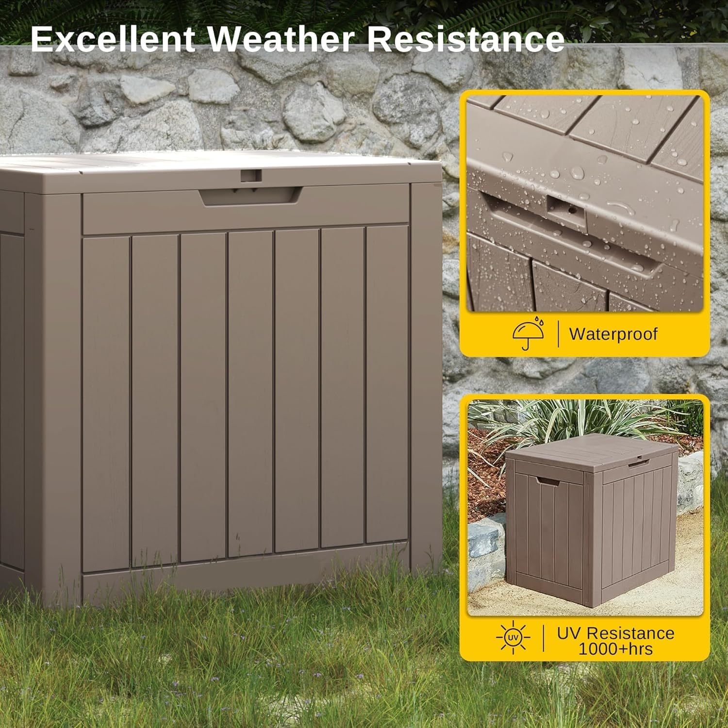 Outdoor Storage Box, 35 Gallon Deck Box, 132 Litre Waterproof Resin Storage Bin for Patio Cushions, Gardening Tools, Accessories, Lockable, UV Resistant Garden Chest Utility Handles Lid (Brown) - 4