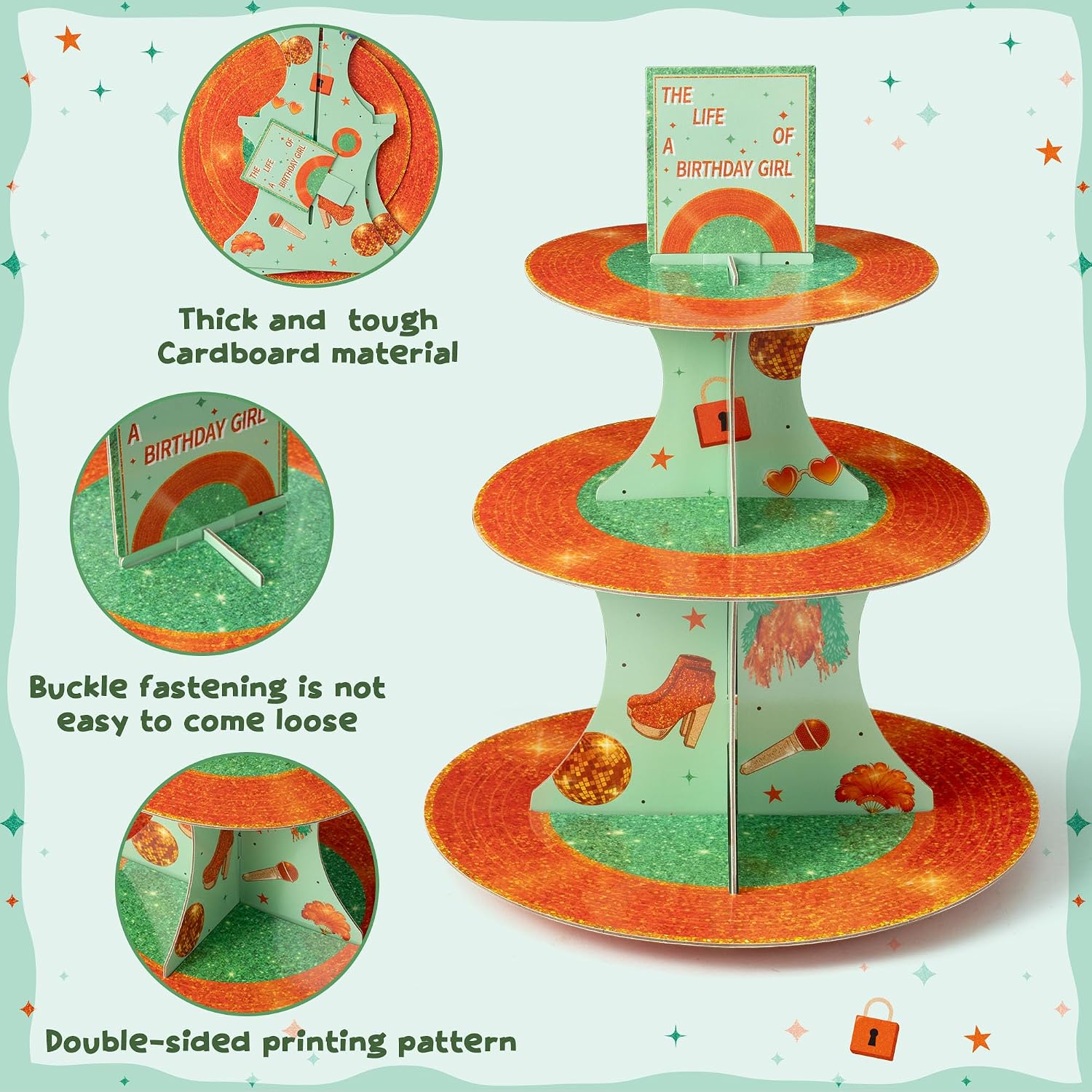Happy Birthday Cupcake Stand - 3 Tier The Life of A Birthday Girl Dessert Holder Girl's Birthday Party Cardboard Cake Stand Orange Glitter Cupcake Display for Girls Women Party Decorations image 3