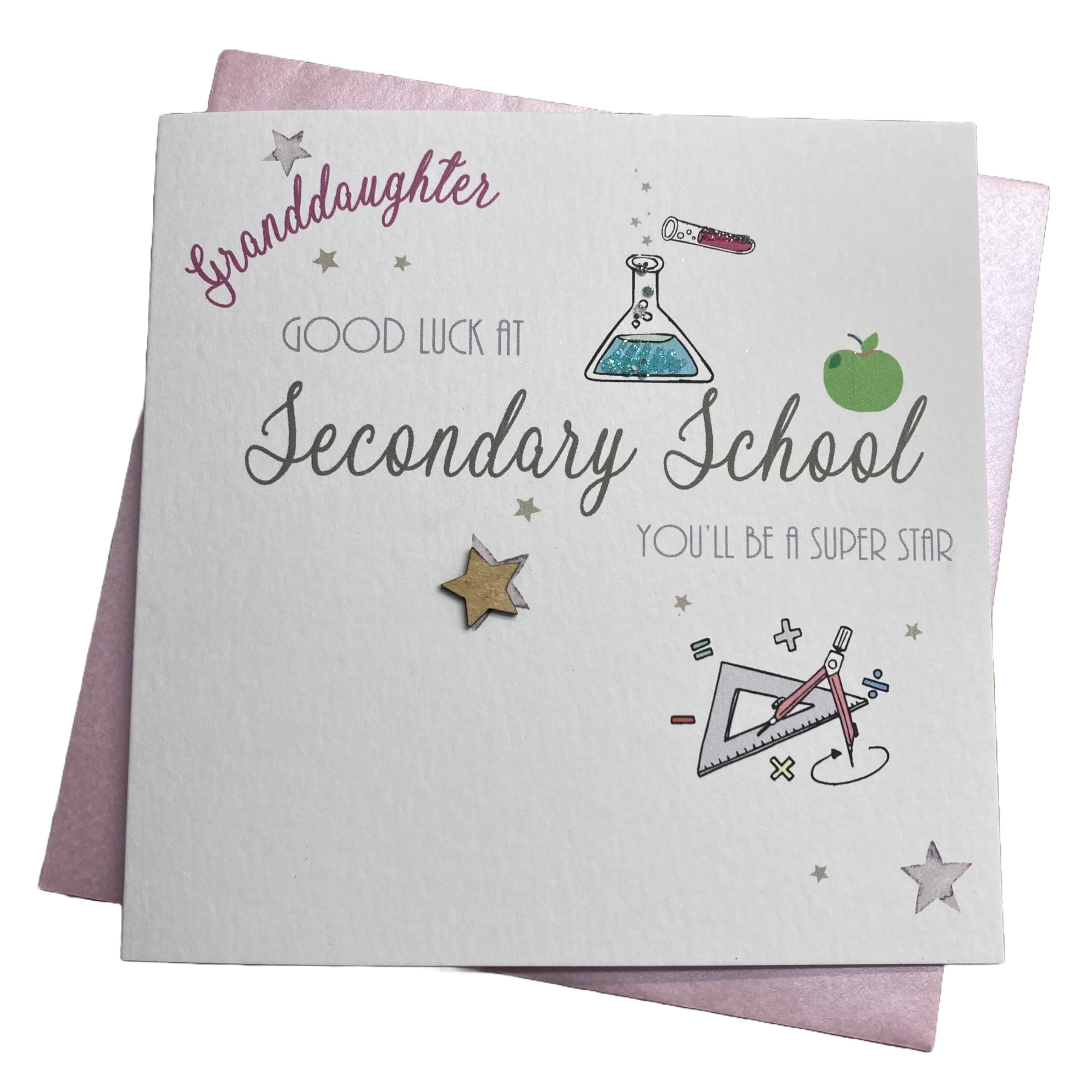 WHITE COTTON CARDS GRANDDAUGHTER - GOOD LUCK AT SECONDARY SCHOOL FIRST DAY CARD, HAND FINISHED (S522-GD)