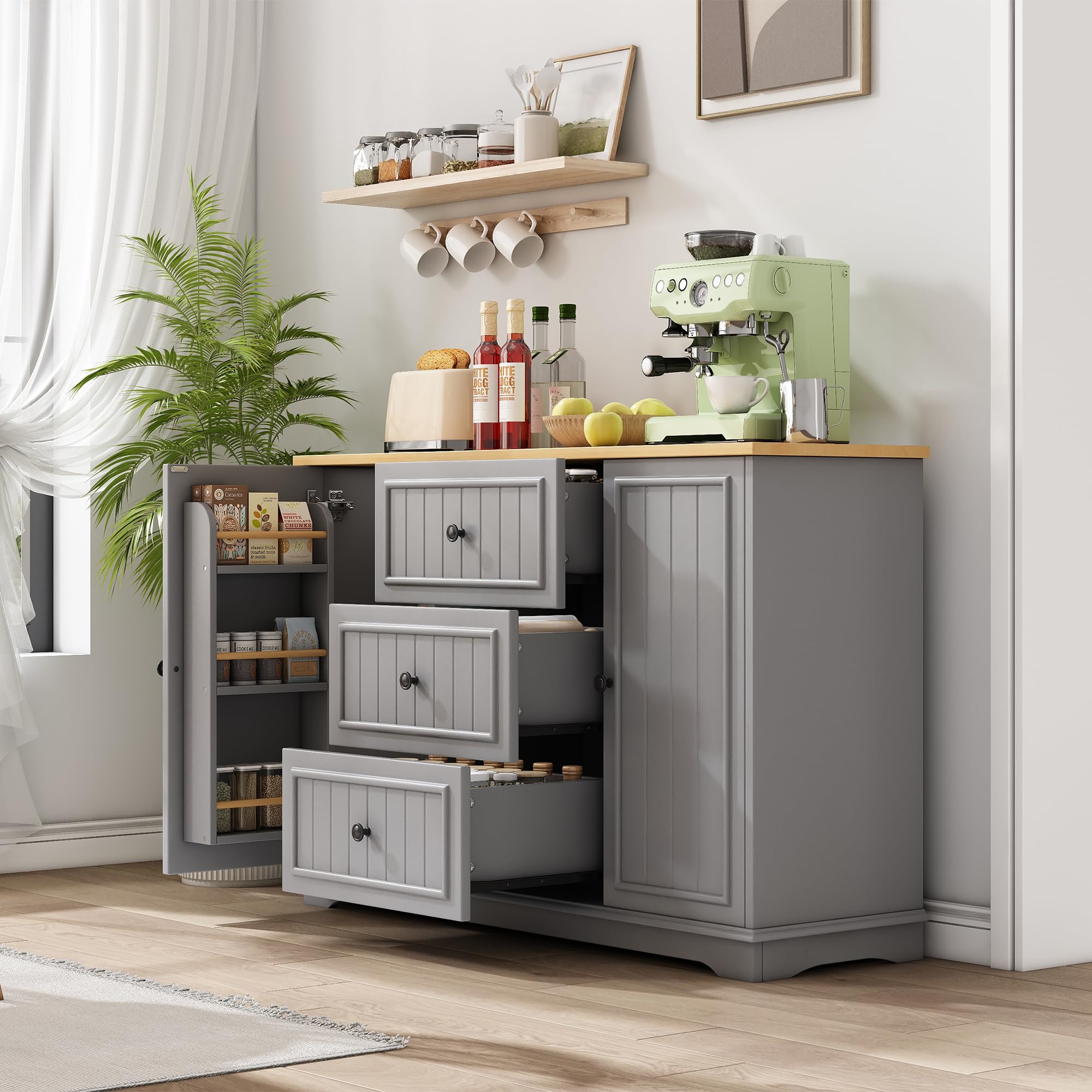 Aparador buffet con 3 cajones y puertas de frigorífico, versátil para salón, comedor y vestíbulo, color gris