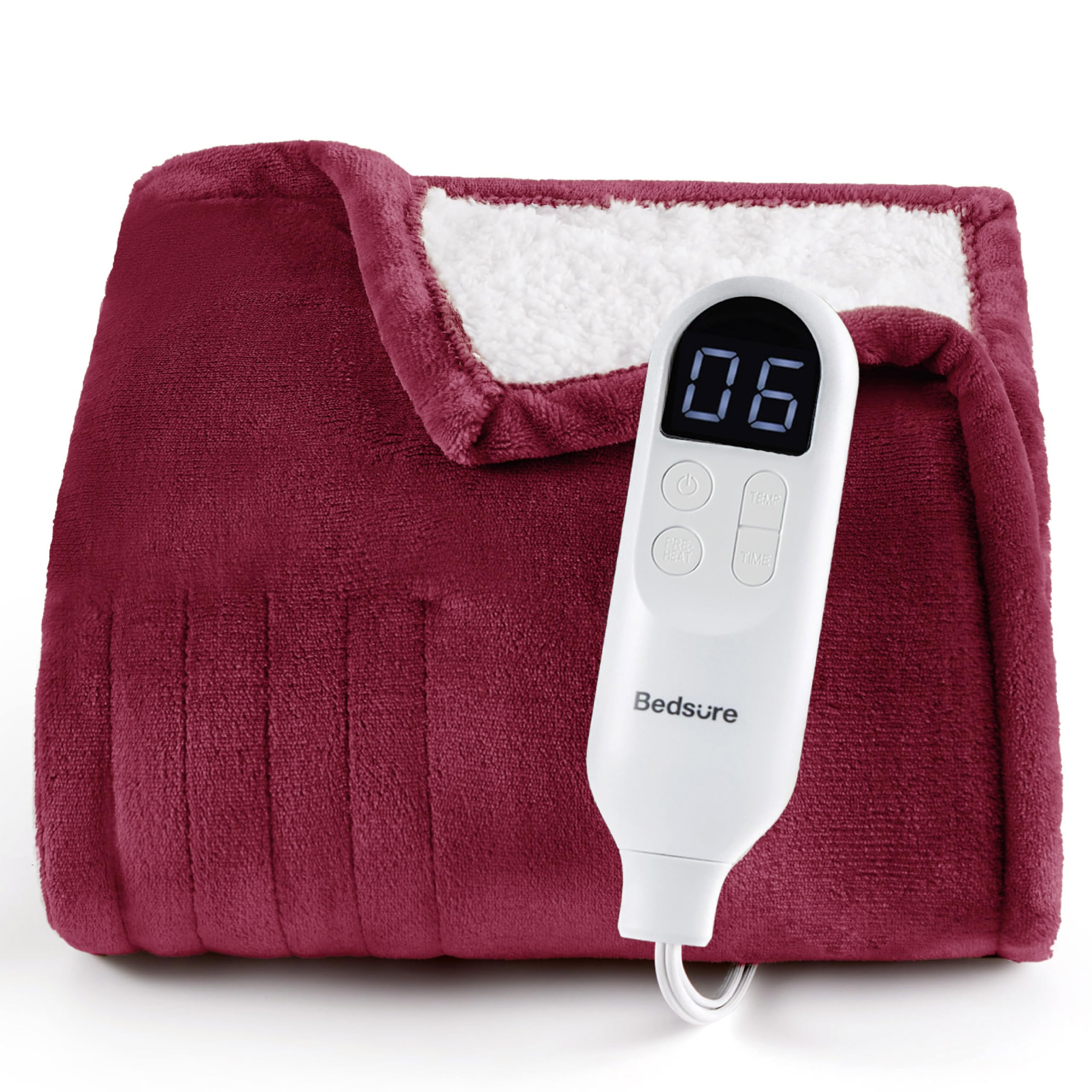 Bedsure Heated Blanket Throw, Soft Electric Blanket with Preheat, Burgundy
