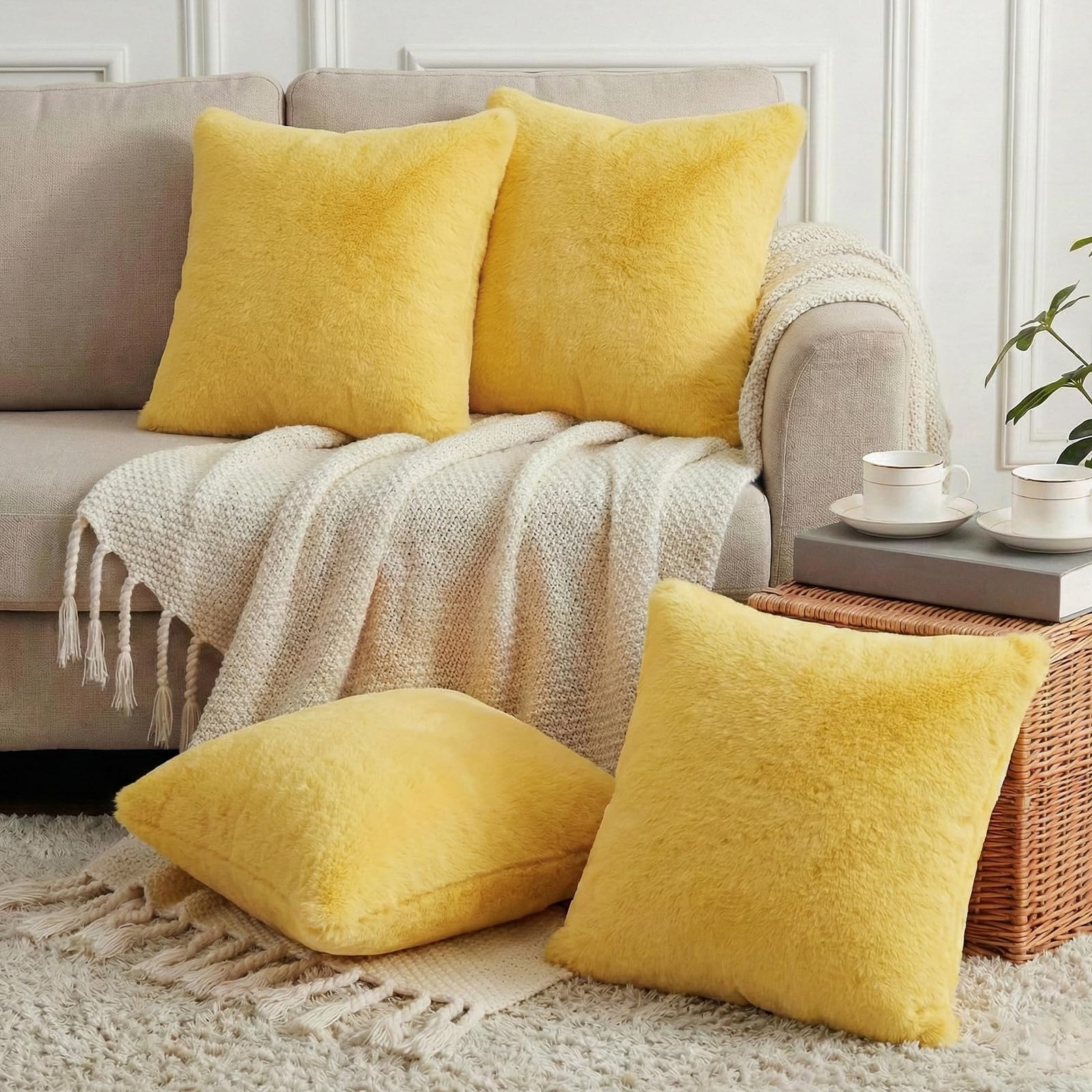 Thmyo 4-Pack Faux Fur Cushion Covers Fluffy Soft Throw Pillow Cases Super Soft Plush Cushion Covers Fashion Home Decorative Pillowcases for Sofa Bed Couch,Yellow,18x18inch