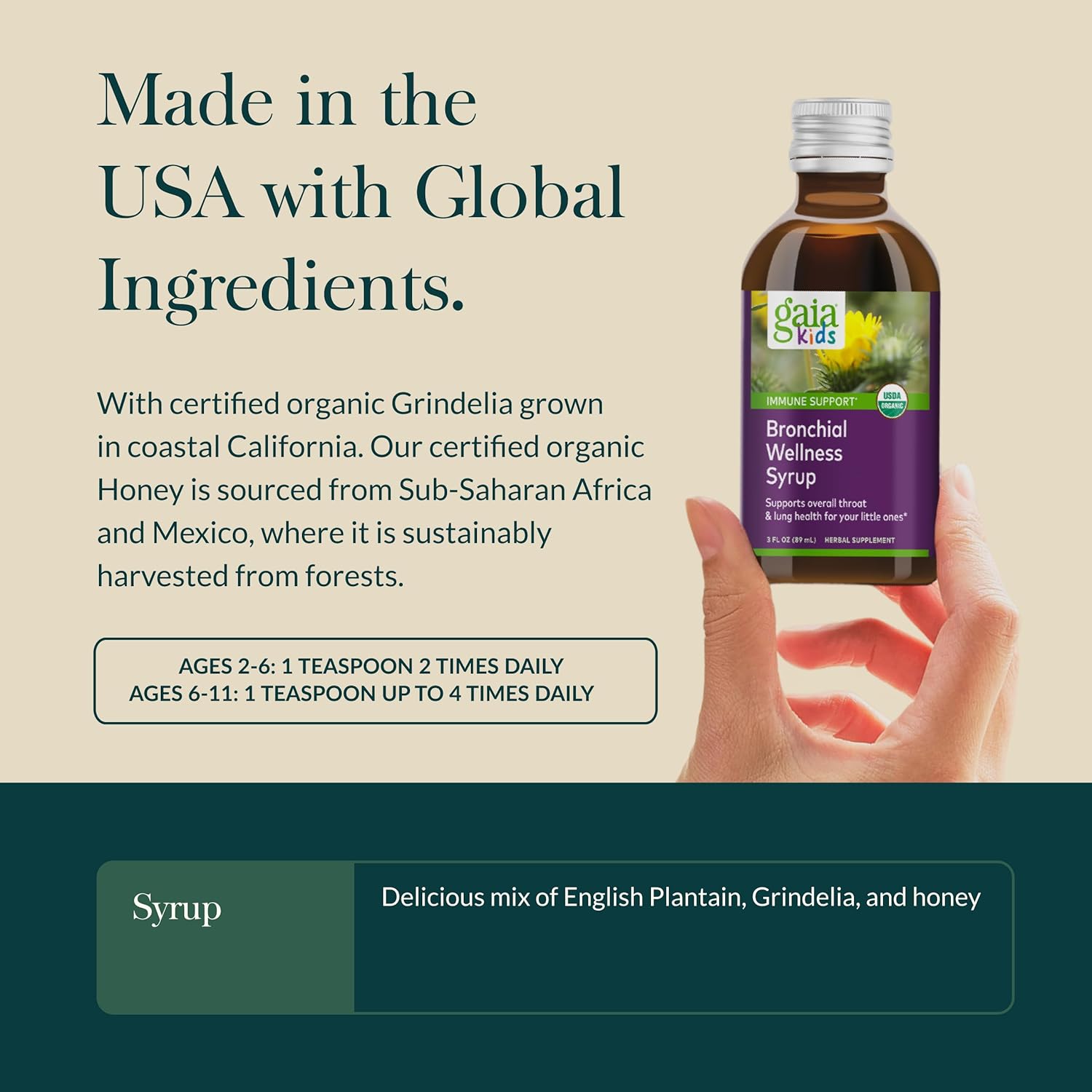 Gaia Kids Bronchial Wellness Syrup - Immune Support Supplement - Overall Throat & Lung Health Support - Certified Organic Formula with English Plantain, Grindelia & Honey - 3 Fl Oz (18 Servings) - Image 4